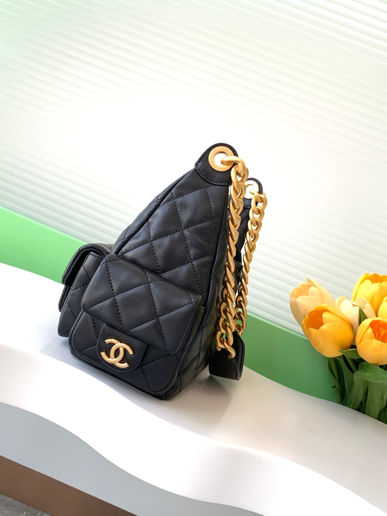 Chanel Trendy Pockets Hobo Bag Lambskin & Gold Metal Black AS5339 A