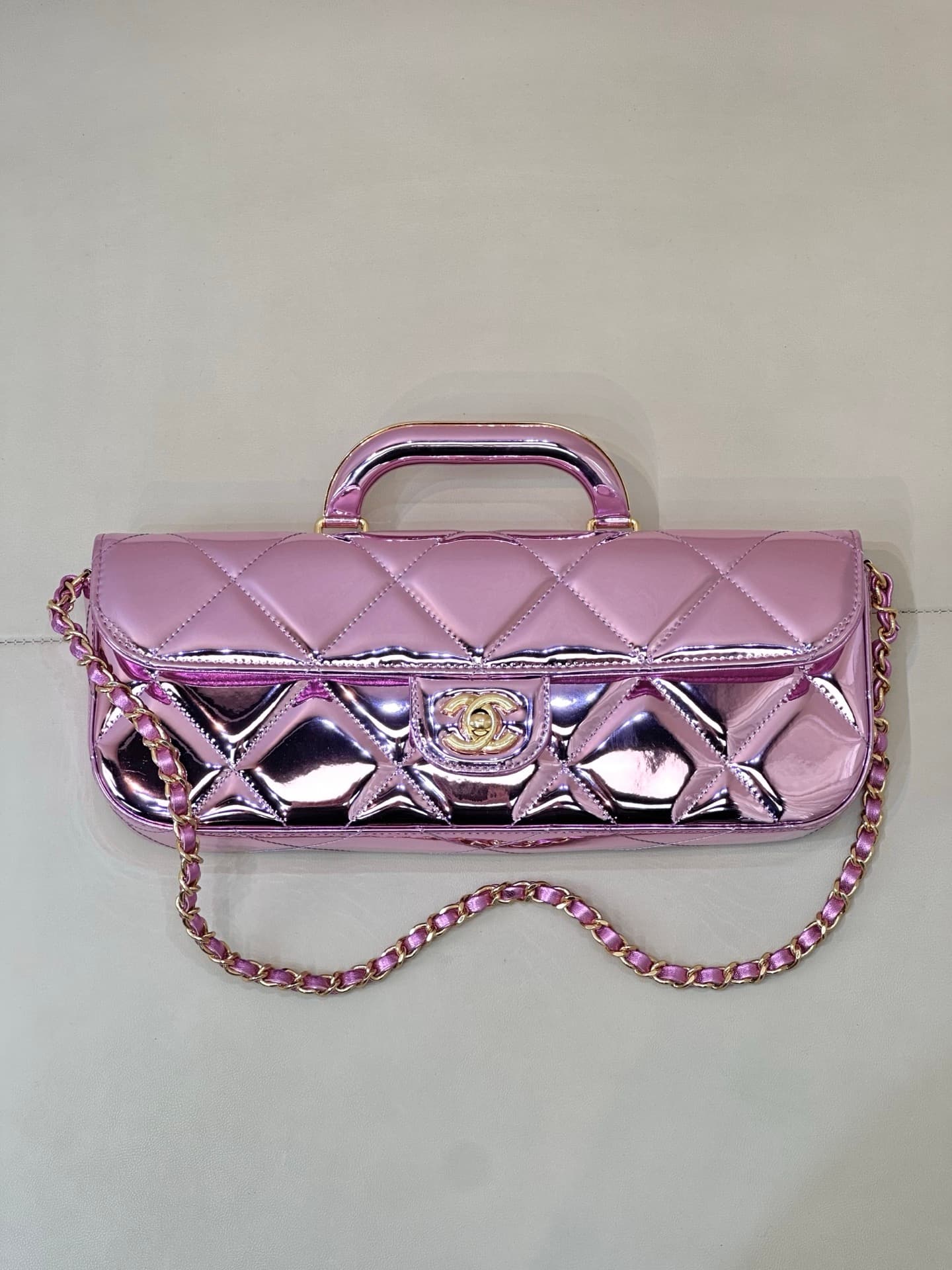 Chanel Large Flap Bag With Top Handle Metallic Mirror Lambskin & Gold-tone Metal AS5807 Purple TOP