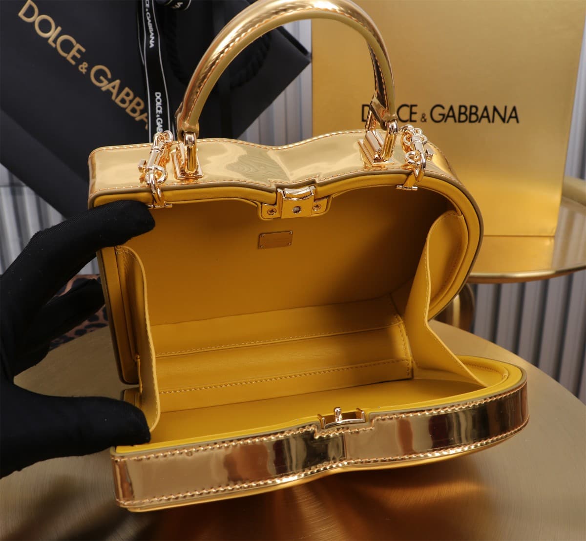 Dolce & Gabbana gold patent leather DG Logo handbag high