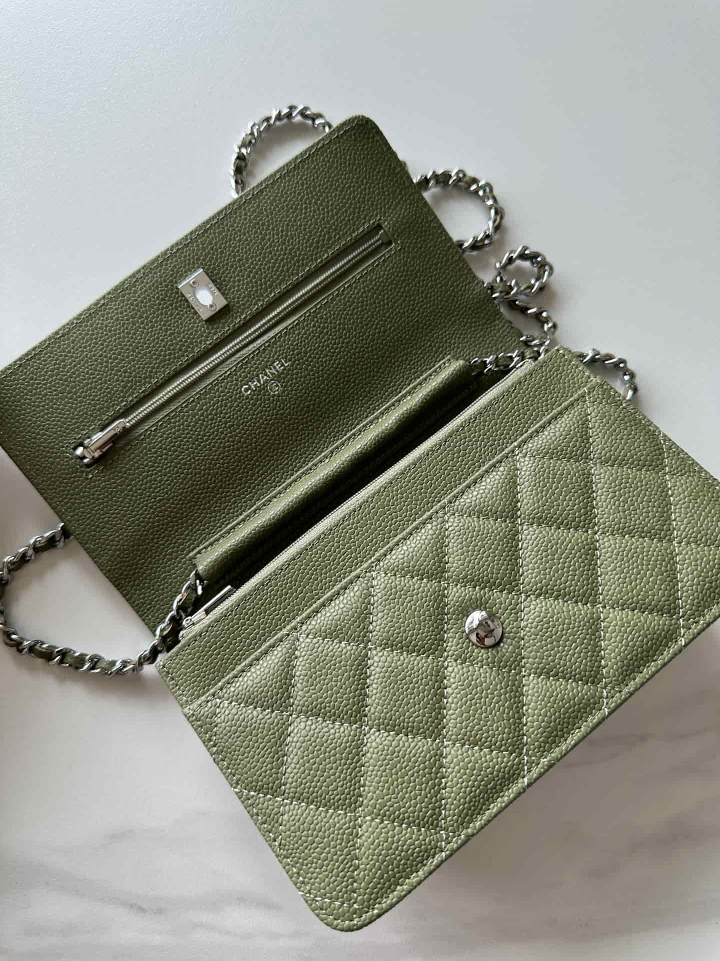 Chanel Classic Wallet on Chain Grained Shiny Calfskin & Silver-Tone Metal AP4241 Dark Green High