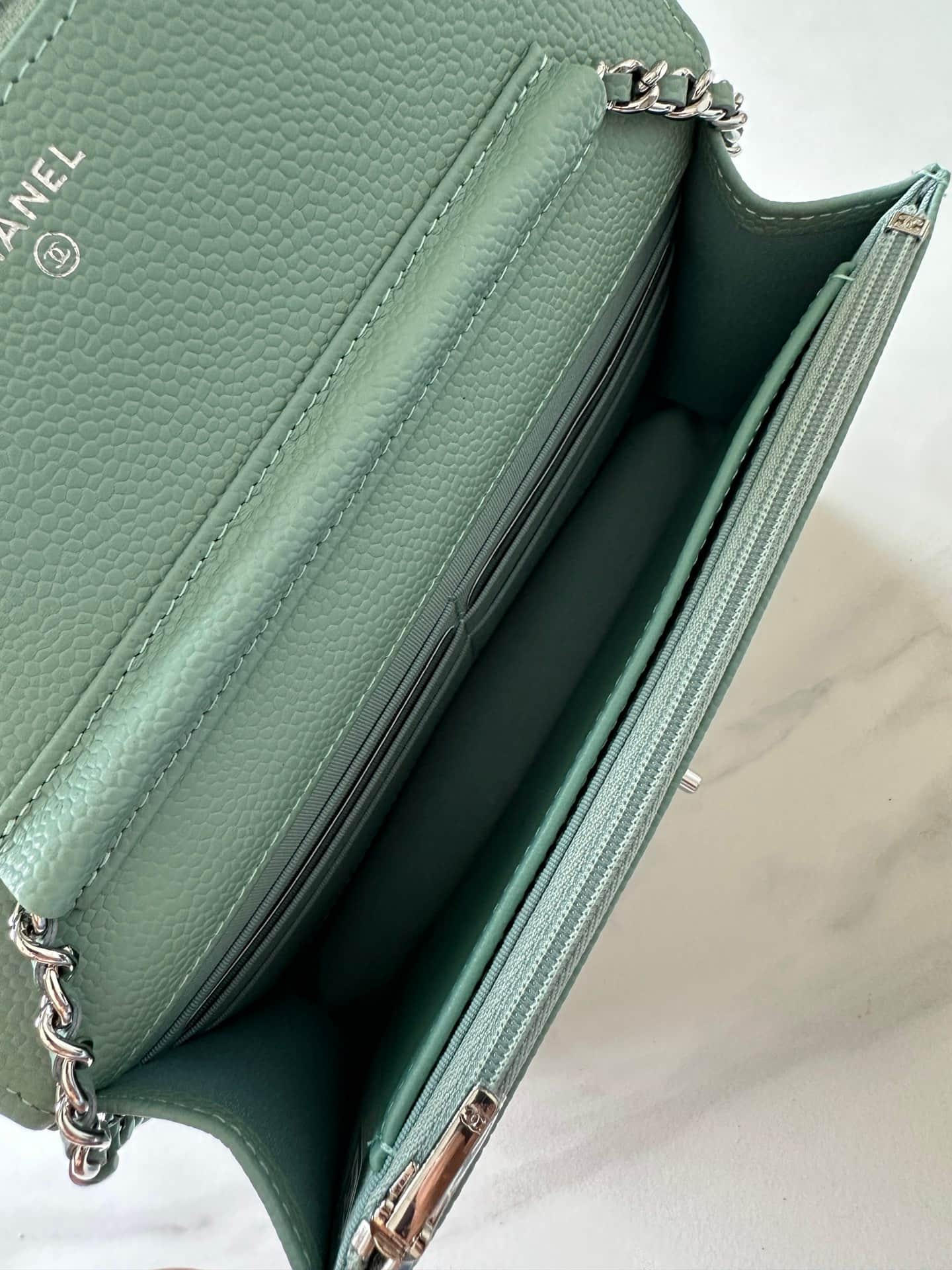 Chanel Classic Wallet on Chain Grained Shiny Calfskin & Silver-Tone Metal AP4241 Light Green High