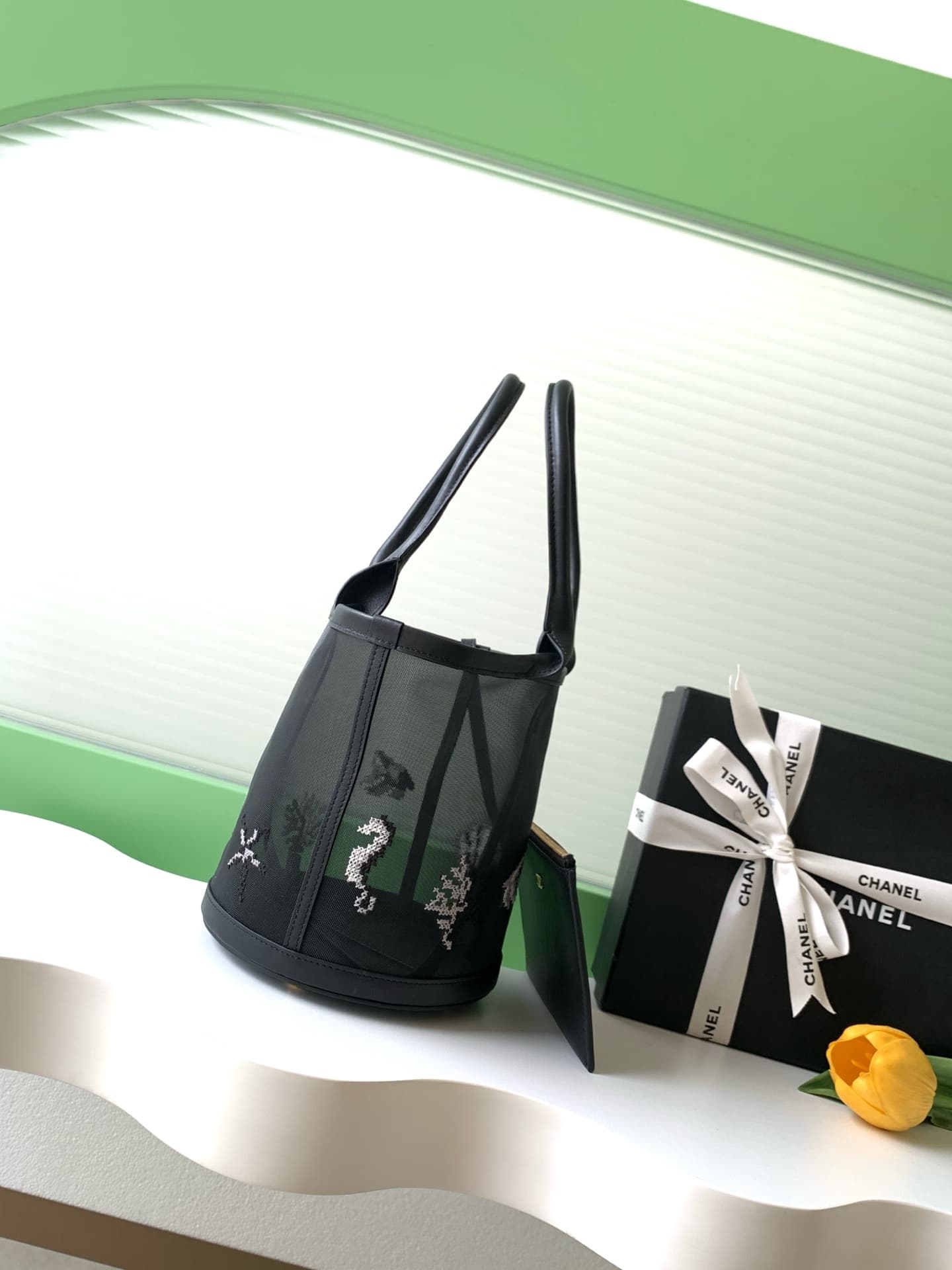 Chanel Coco Beach Large Bucket Bag Embroidered Mesh & Calfskin Transparent & Black AS6189 A