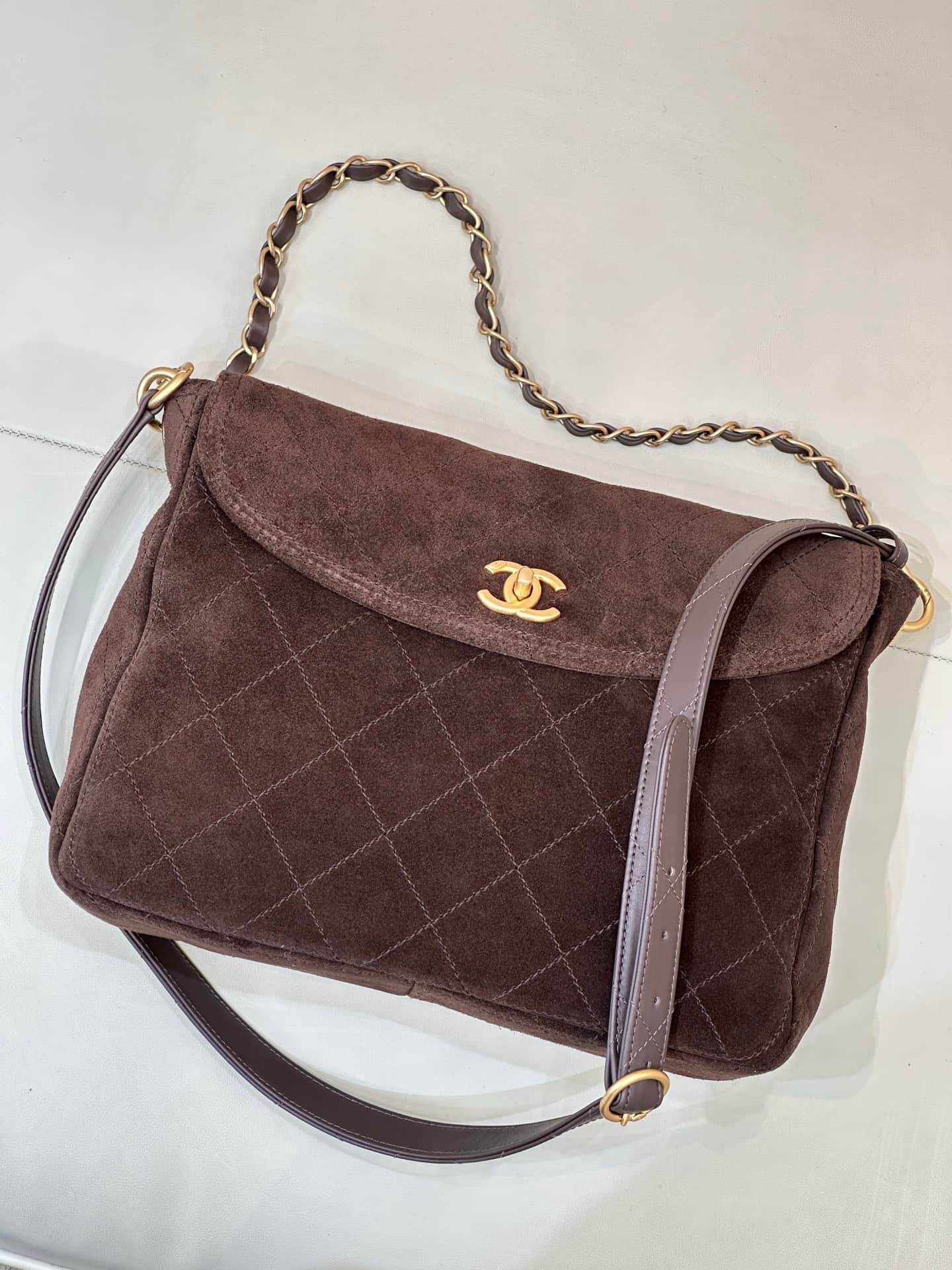 Chanel Matelasse Suede Shoulder Bag& Gold-Tone Metal Brown AS5883 TOP