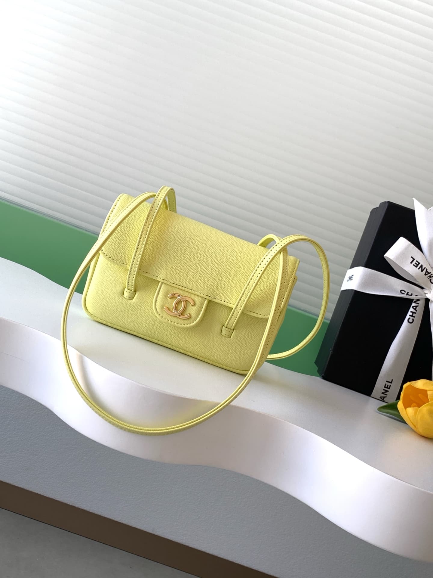 Chanel Clutch with Leather Strap Grained Shiny Calfskin & Gold-Tone Metal Yellow AP5068 A