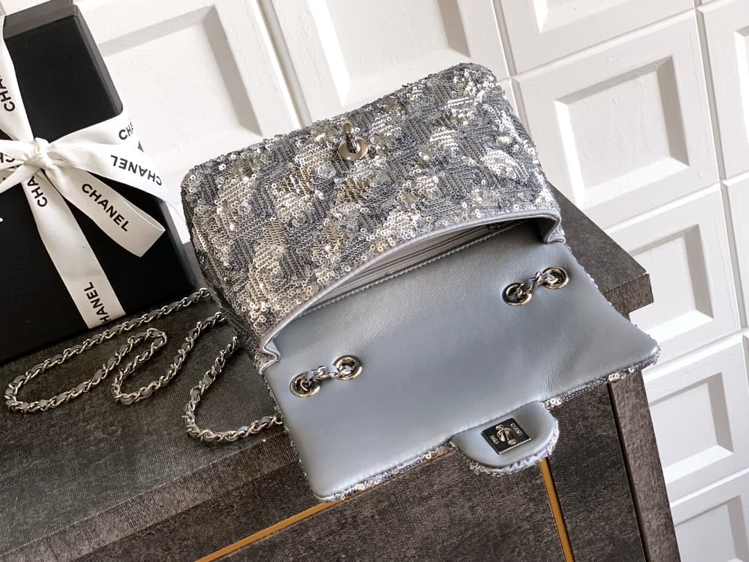 Chanel Classic Mini Flap Bag Sequins Embroidery & Silver-Tone Metal Silver 6171 A