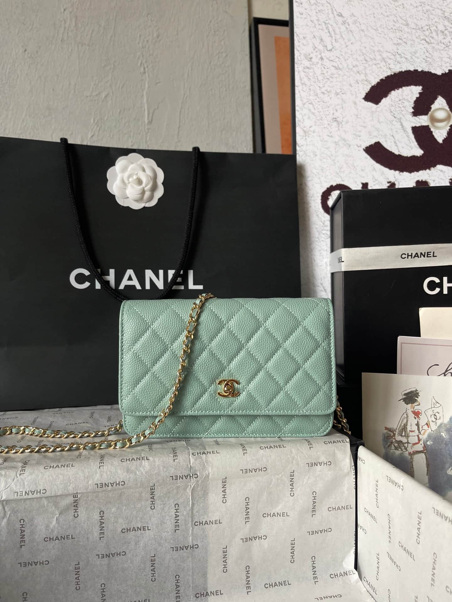 Chanel Classic Wallet on Chain Grained Shiny Calfskin & Gold-Tone Metal AP4241 Light Green A