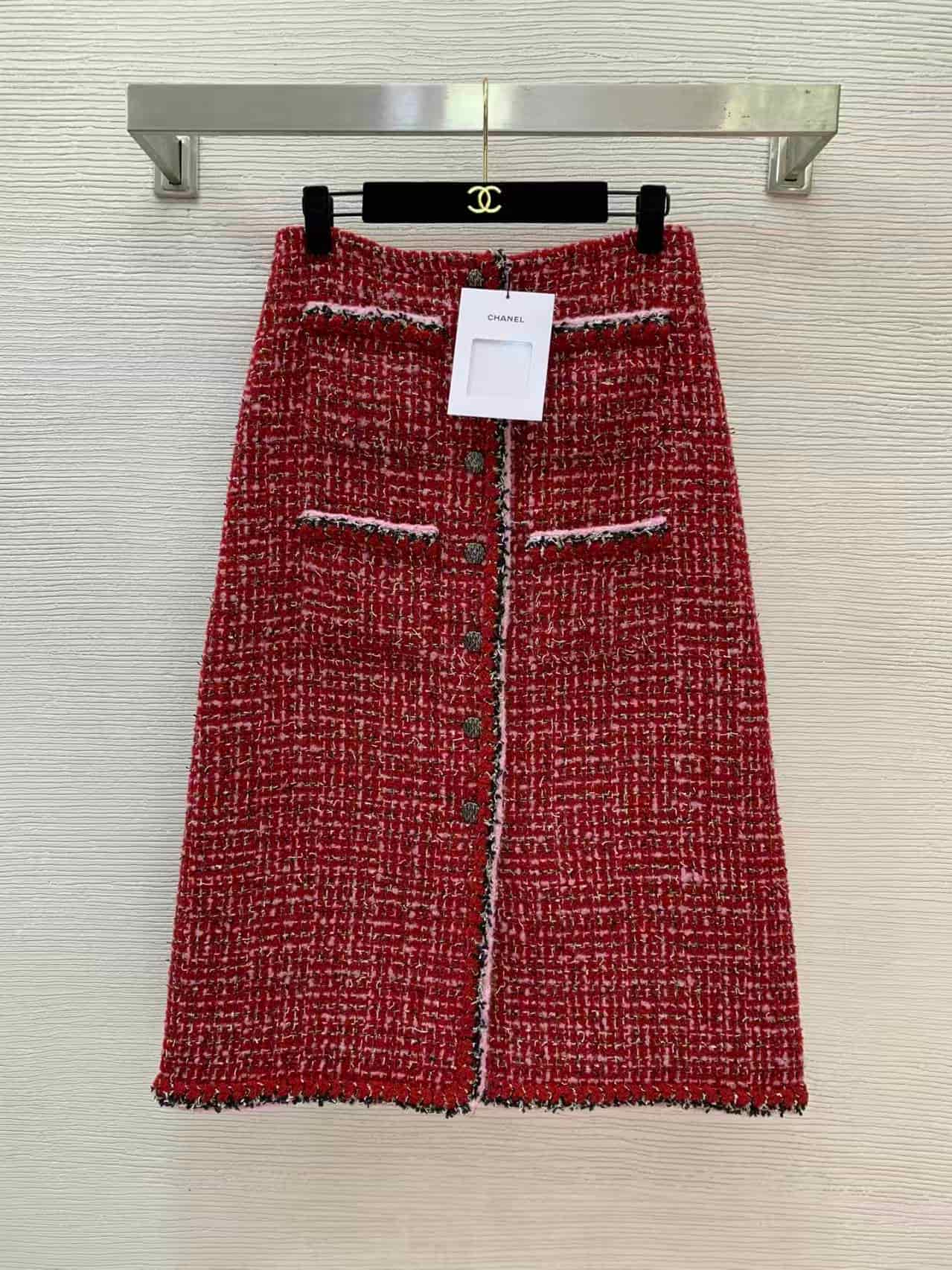 Chanel Red Pink &Black Tweed Jacket and Skirt Set
