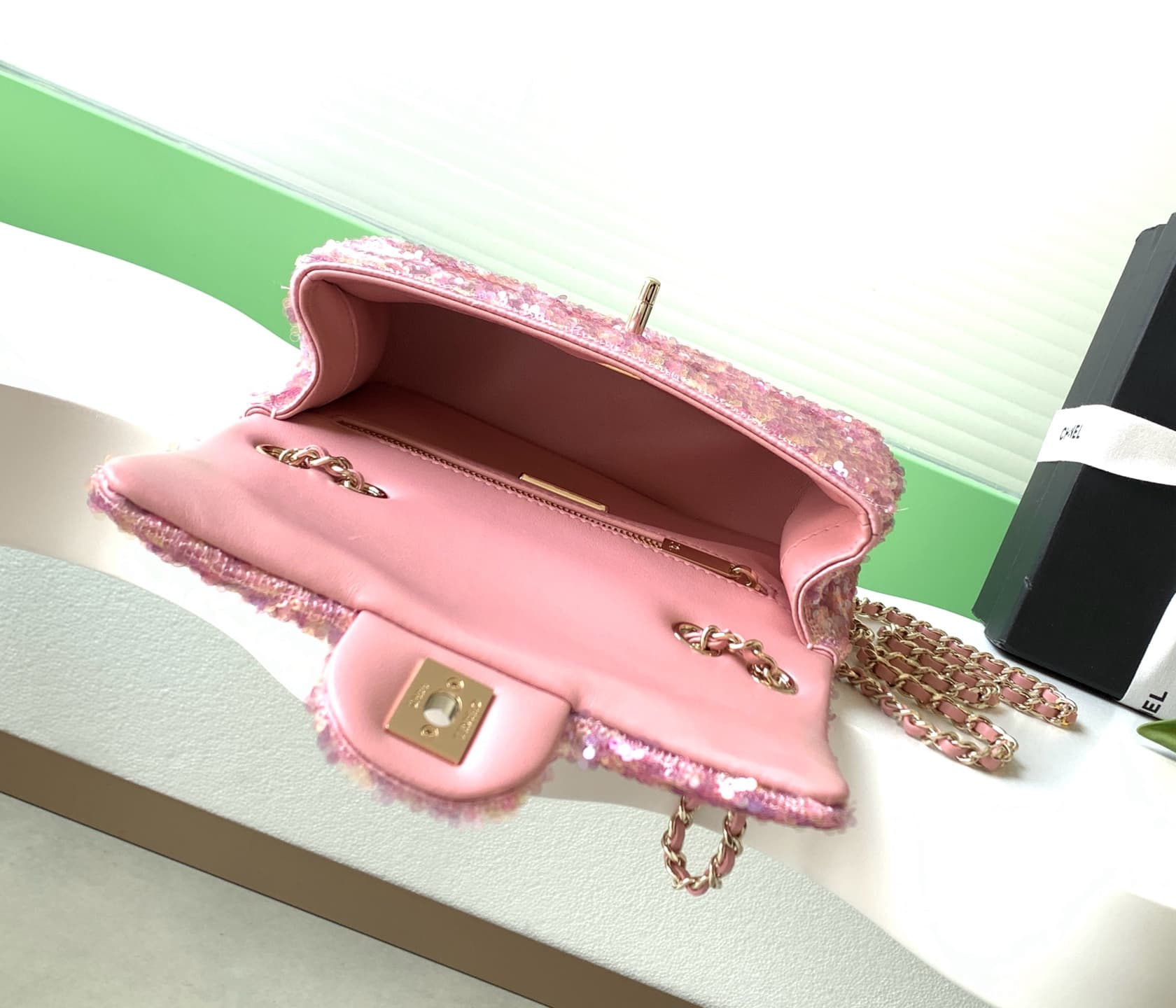 Chanel Flap Bag Sequins & Gold-Tone Metal Pink AS4561  A