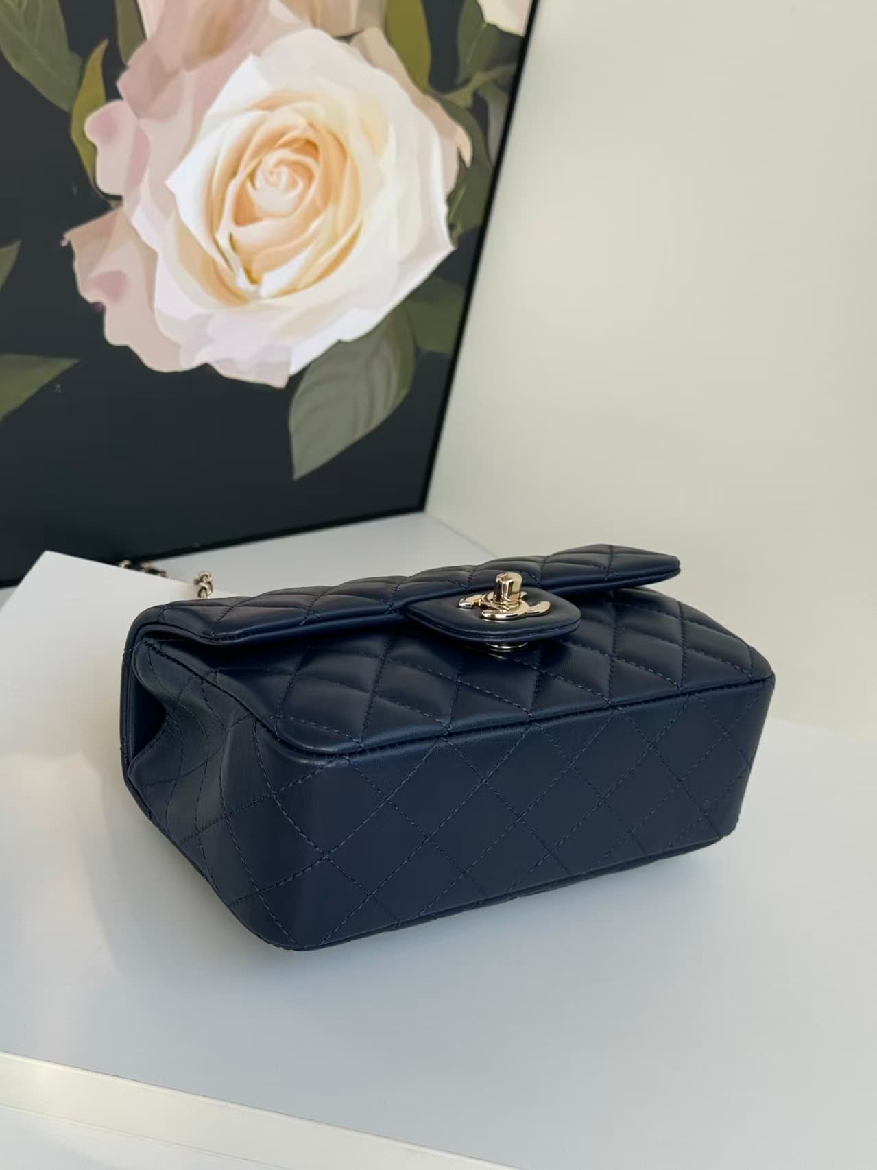 Chanel Mini Flap Bag with Top Handle Lambskin& Gold-Tone Metal Navy Blue A