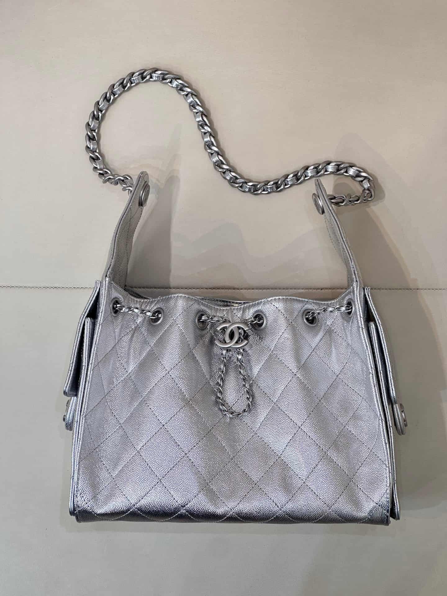 Chanel 25 Small Hobo handbag AS5293 Grained Calfskin & Silver-tone Metal Silver TOP