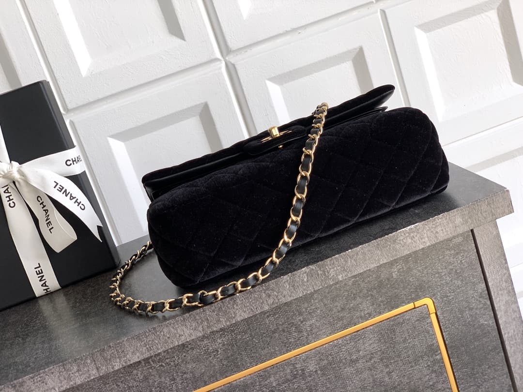 Chanel Medium CLASSIC HANDBAG Velvet  & Gold-Tone Metal Black A