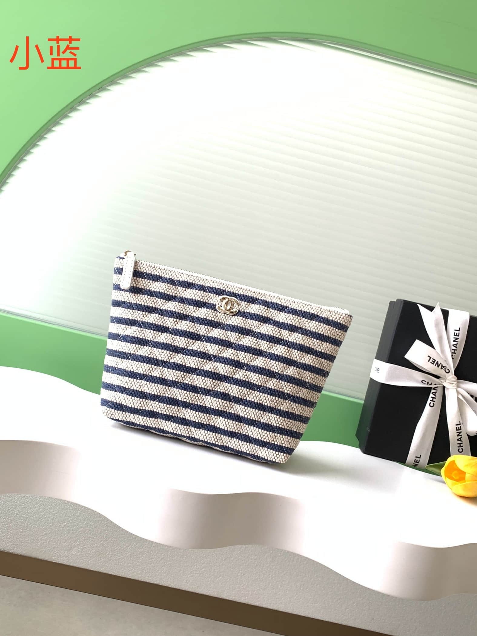 Chanel Zipped Case Printed Fabric & Gold-Tone Metal Blue & White AS4989 A
