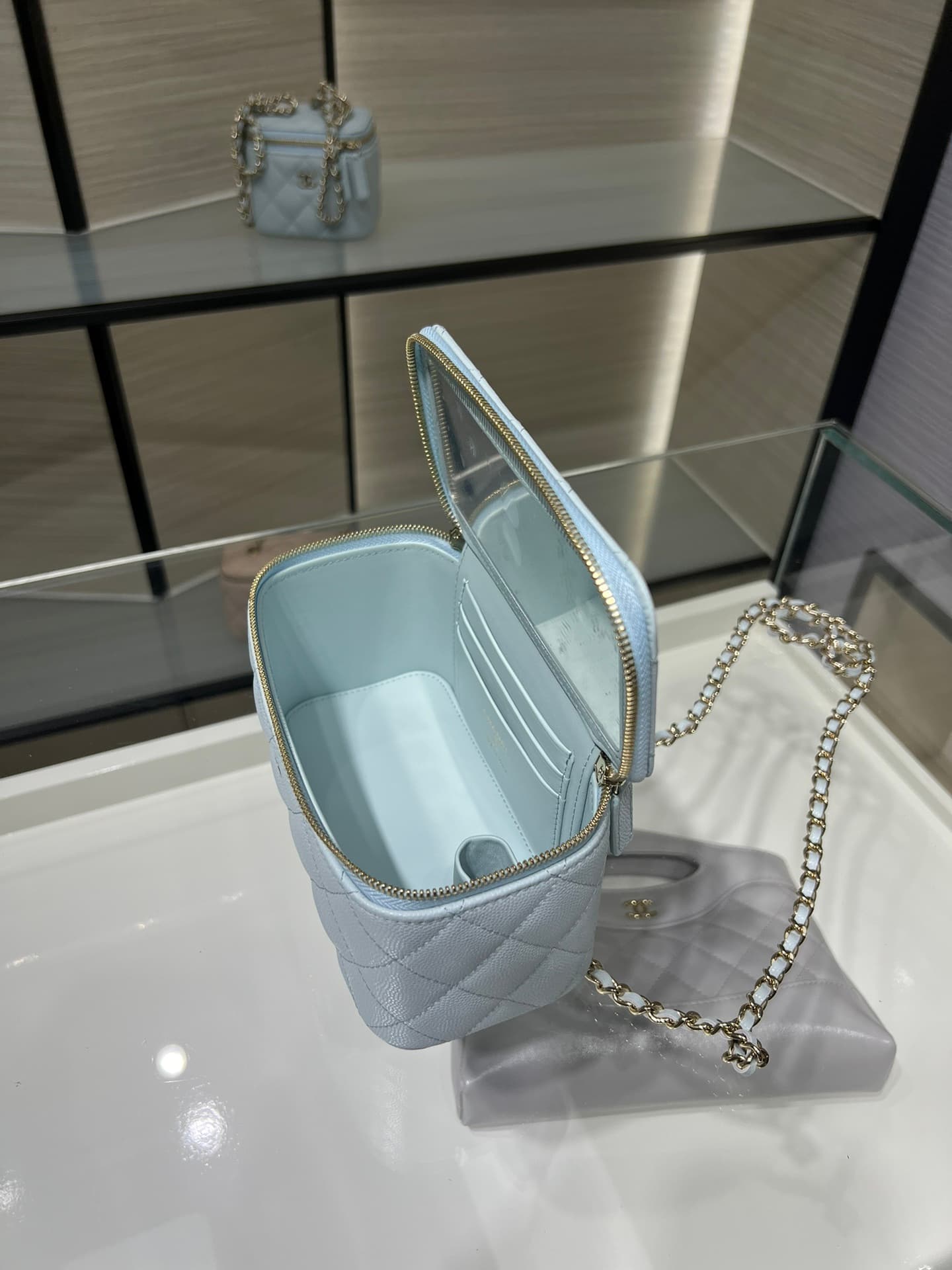 Chanel Classic Long Vanity with Chain Grained Calfskin & Gold-Tone Metal Light Blue AP1341 High