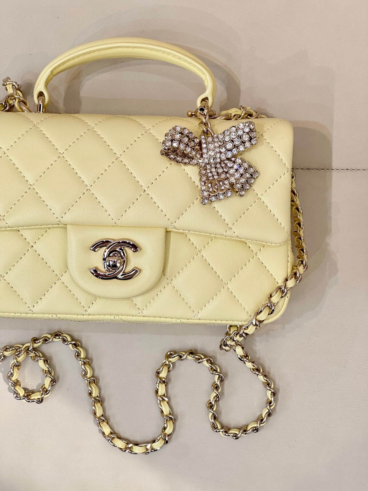 Chanel Mini Classic Handbag Lambskin Strass & Gold-Tone Metal AS2431 light yellow TOP