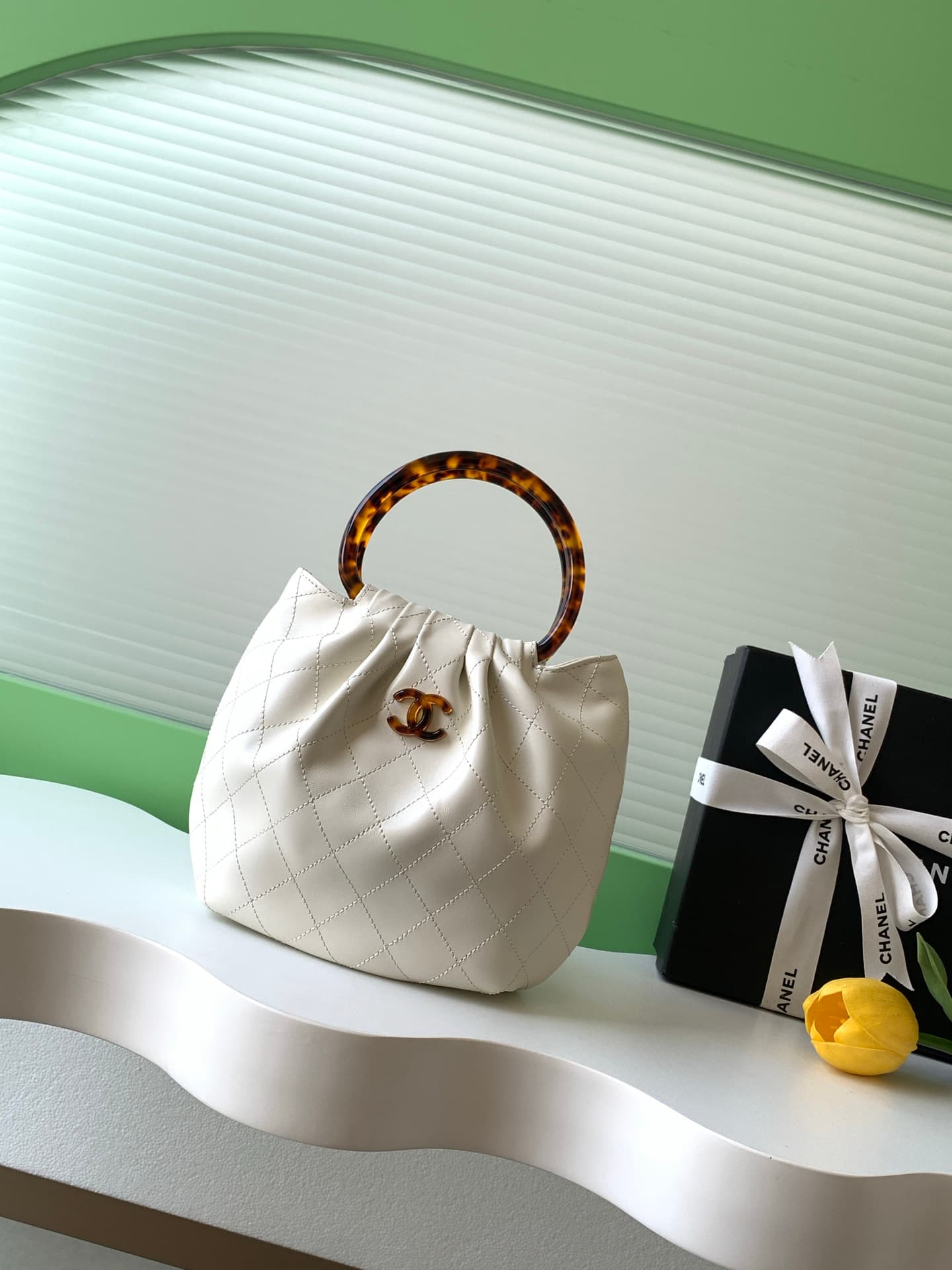 Chanel Small Hobo Bag Lambskin-Shell Effect Plexi & Gold-Tone Metal White AS6022 High