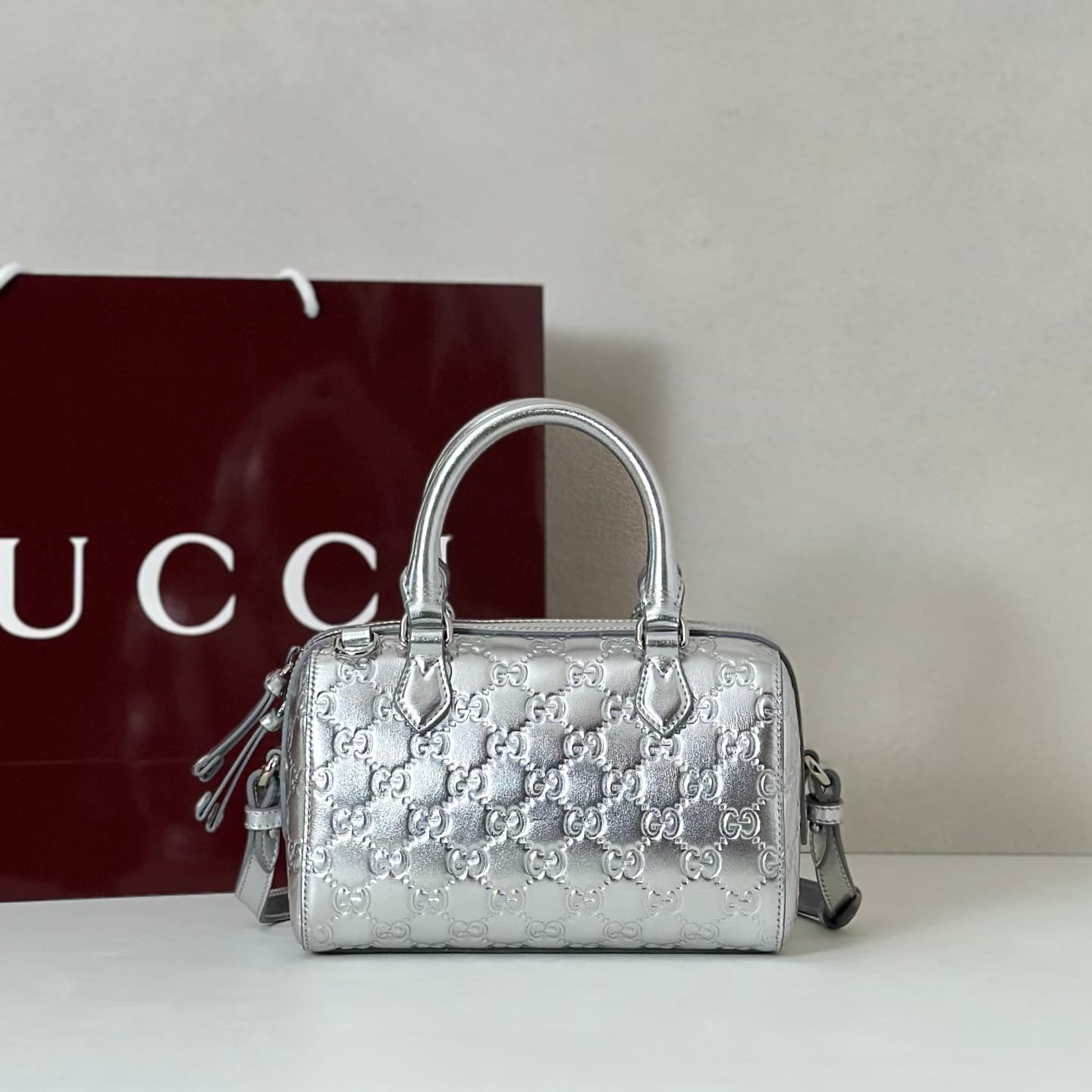 Gucci GG Emblem Small Boston Bag In Silver GG Leather 848889 High