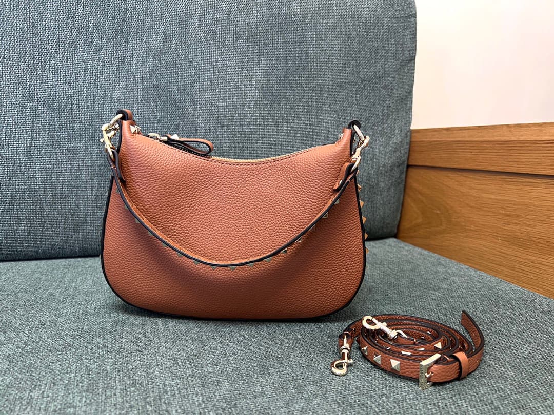 Valentino Garavani Rockstud Hobo bag in grainy brown calfskin high