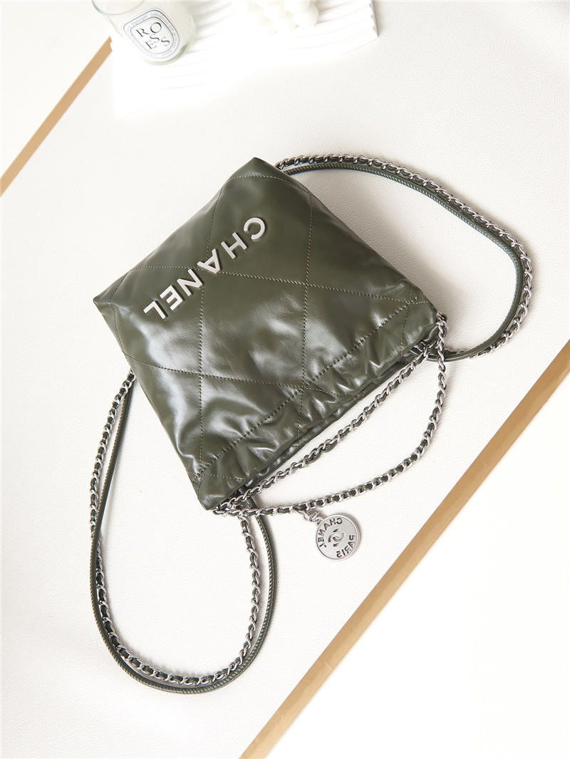 Chanel 22 MINI HANDBAG Shiny Calfskin Olive & Silver-Tone Metal AS3980 A