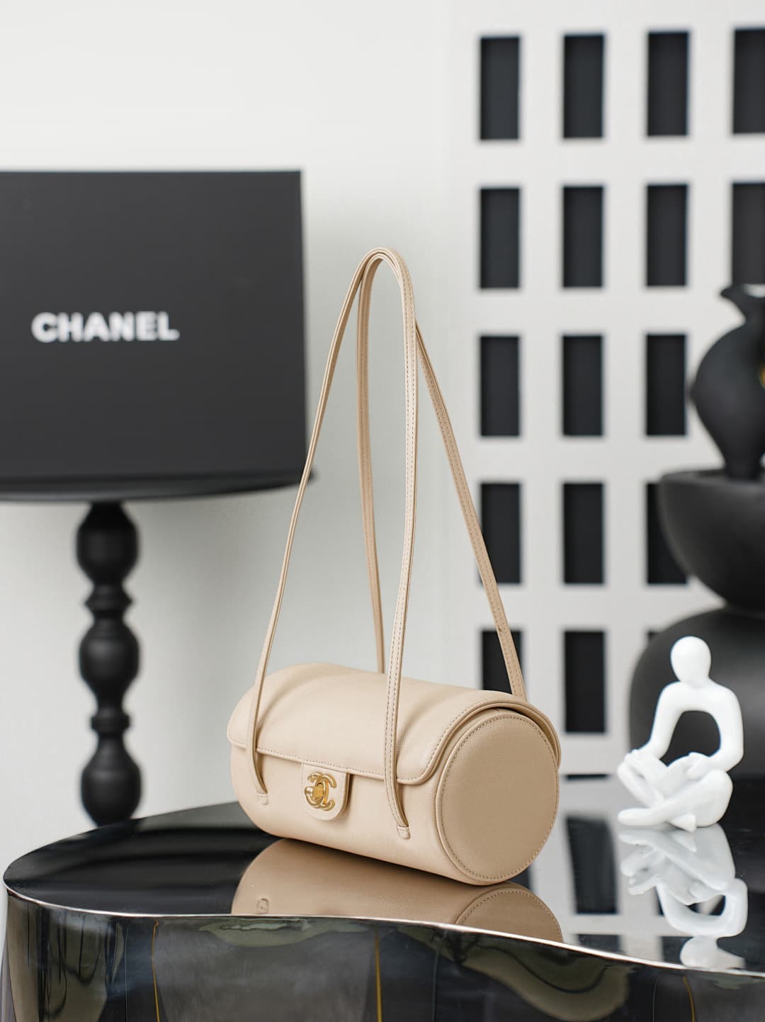 Chanel Small Bowling Bag Grained Shiny Calfskin & Gold-Tone Metal AS6143 Beige High