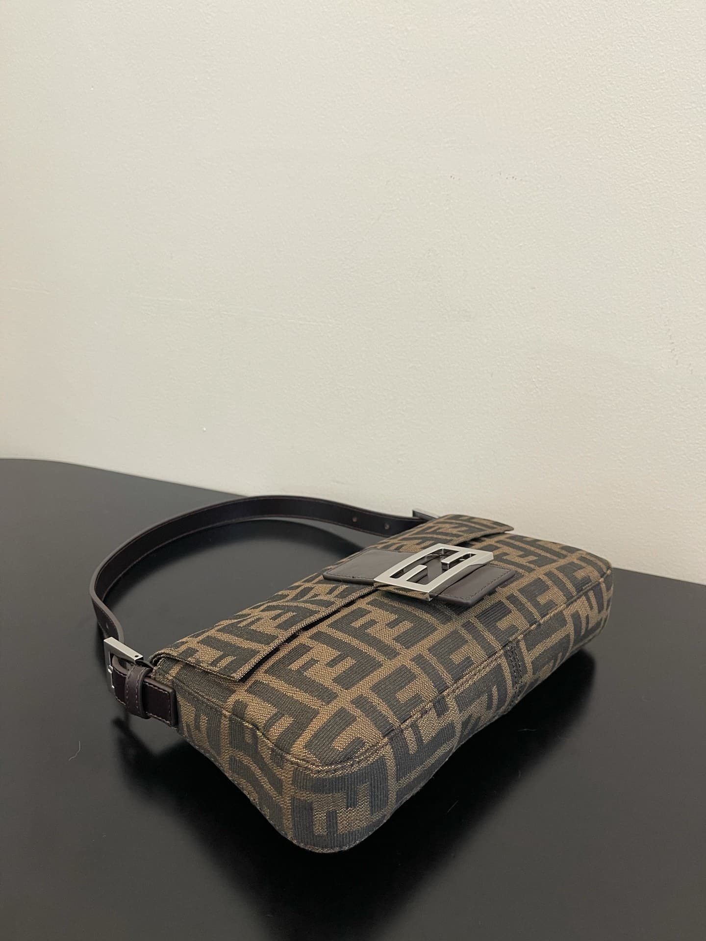 FENDI BAGUETTE fabric bag silver metal Brown High