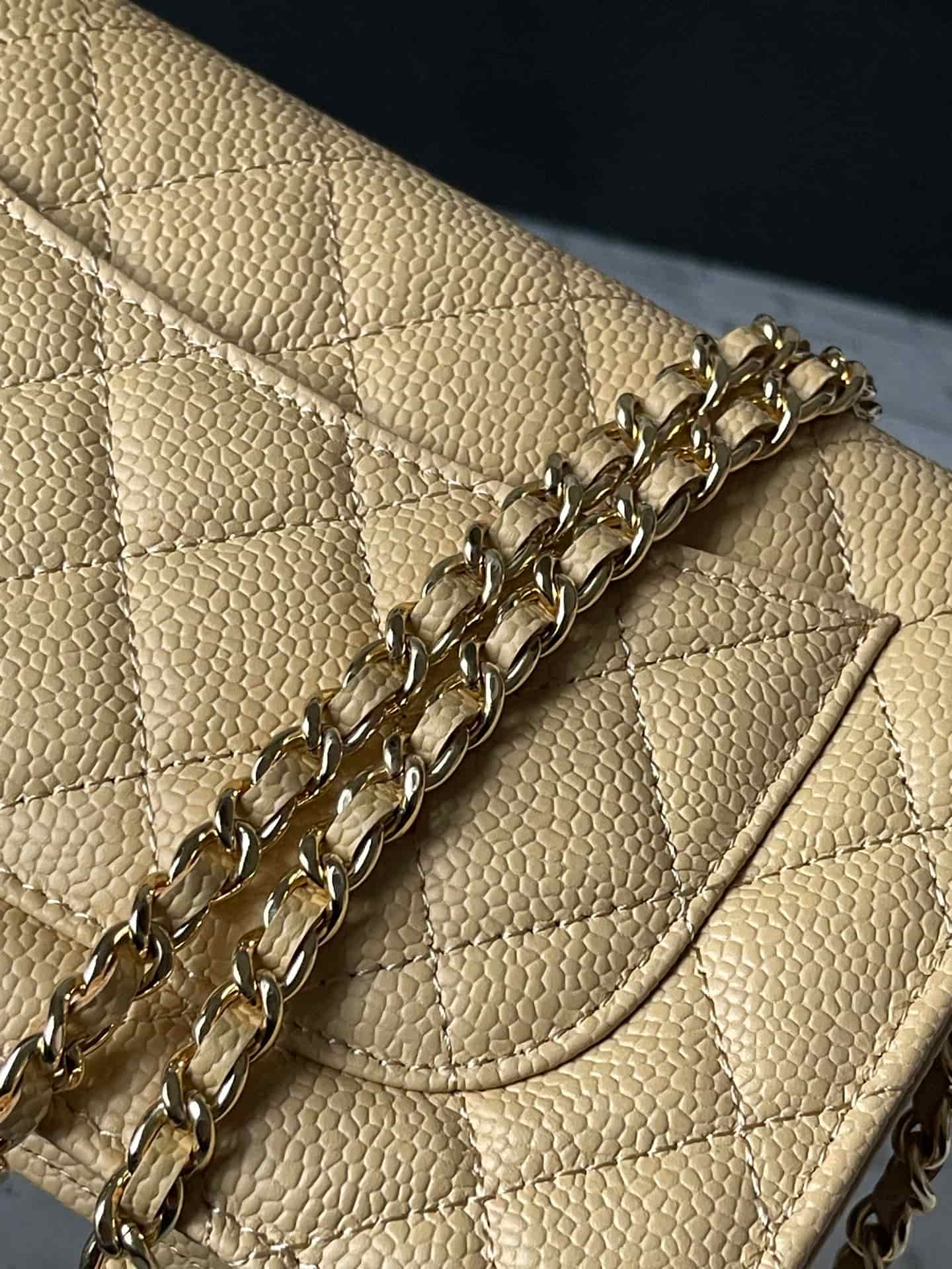 Chanel Classic Wallet on Chain Grained Shiny Calfskin & Gold-Tone Metal AP4241 Beige A