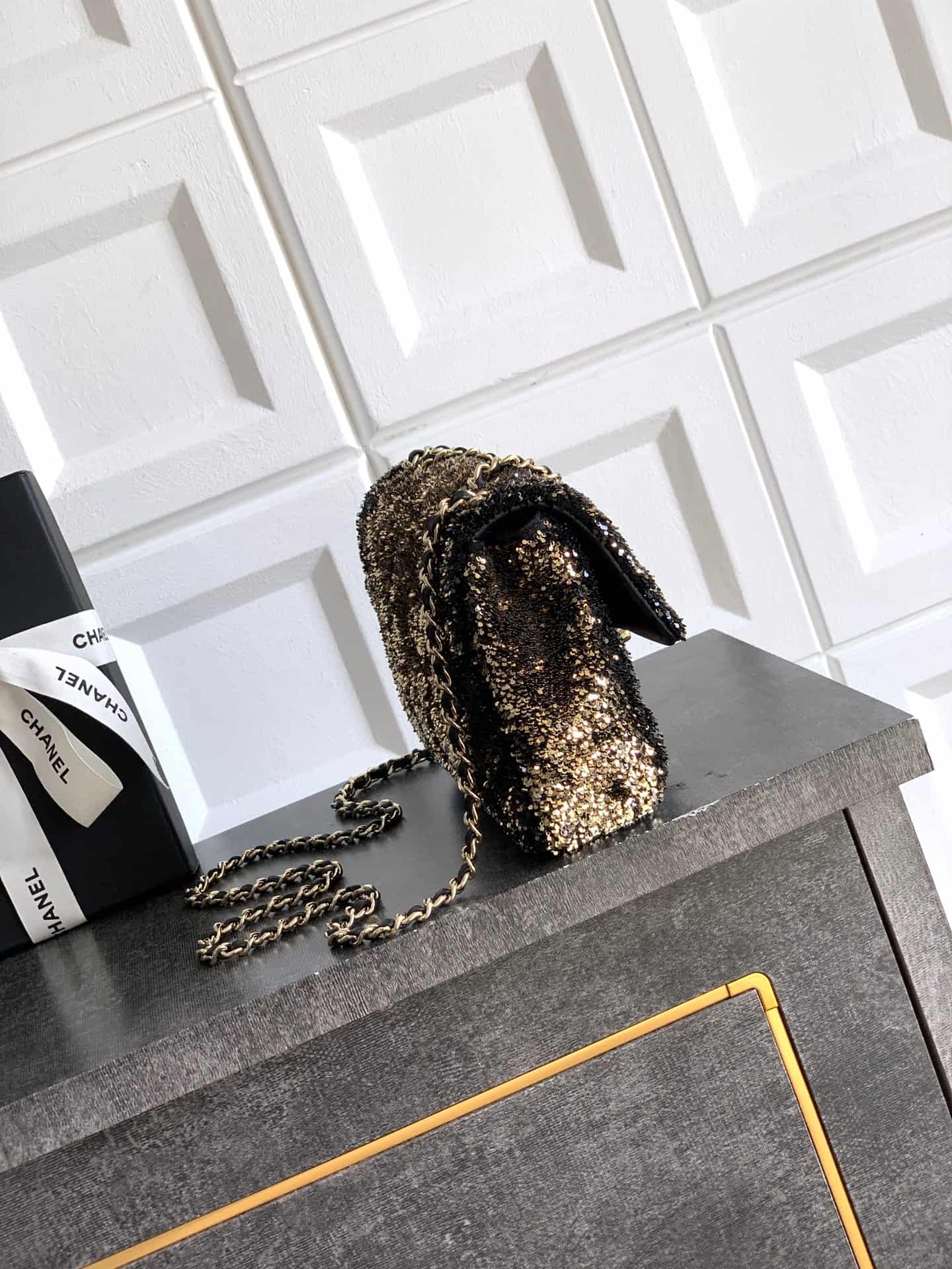 Chanel Classic Mini Flap Bag Sequin Embroidery & Gold-Tone Metal Dark Gold 6171 A