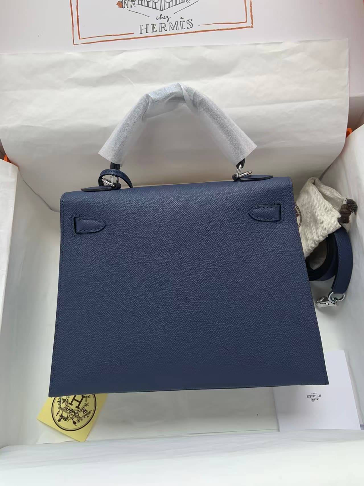 Hermes Kelly 25/28cm Sellier Bag Epsom Leather Silver/Gold Metal In Navy WAX High