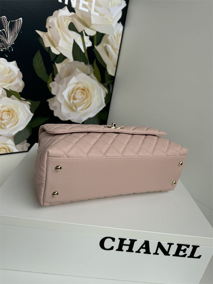Medium FLAP BAG WITH TOP HANDLE Grained Calfskin Pink-binding Gold Metal High