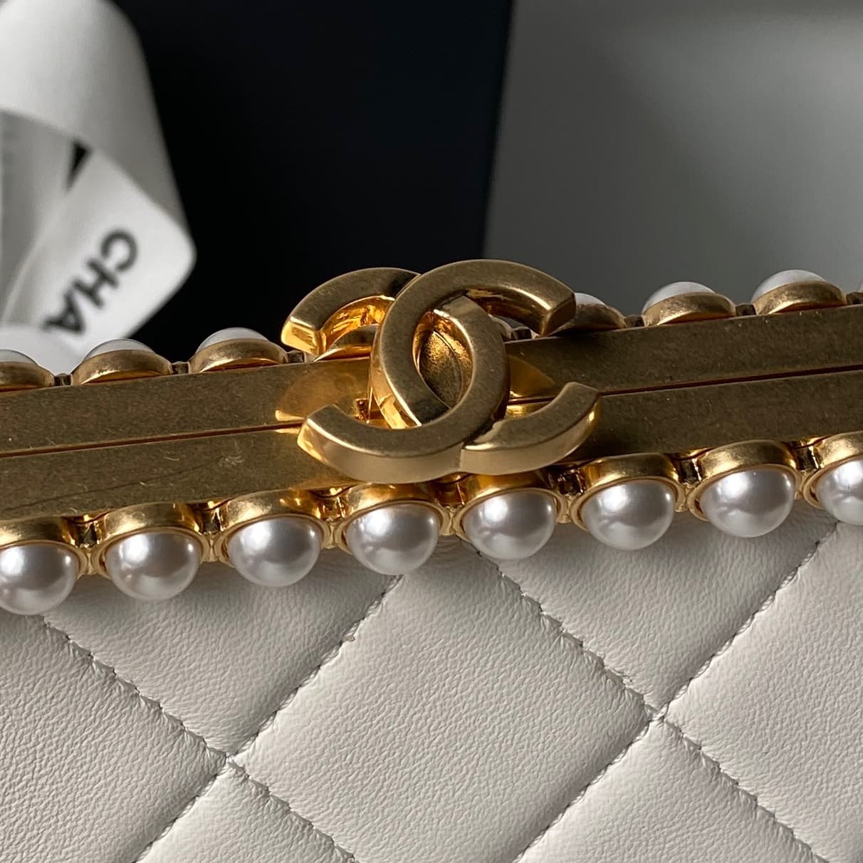 Chanel Pearly Lambskin Imitation Pearls & Gold-Tone Metal Cream AS5912 A