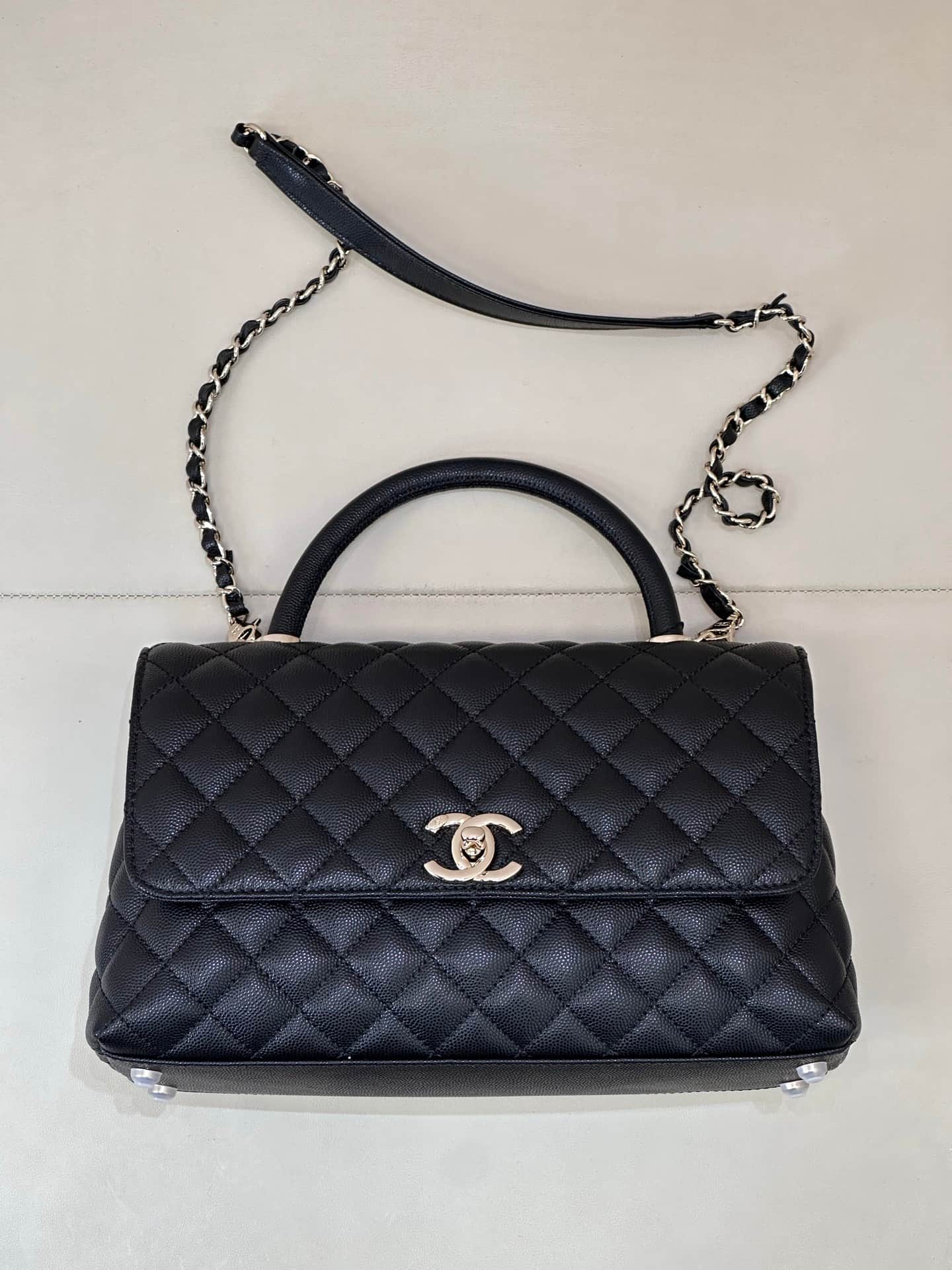 Chanel Medium FLAP BAG WITH TOP HANDLE Grained Calfskin Gold Metal A92991 TOP