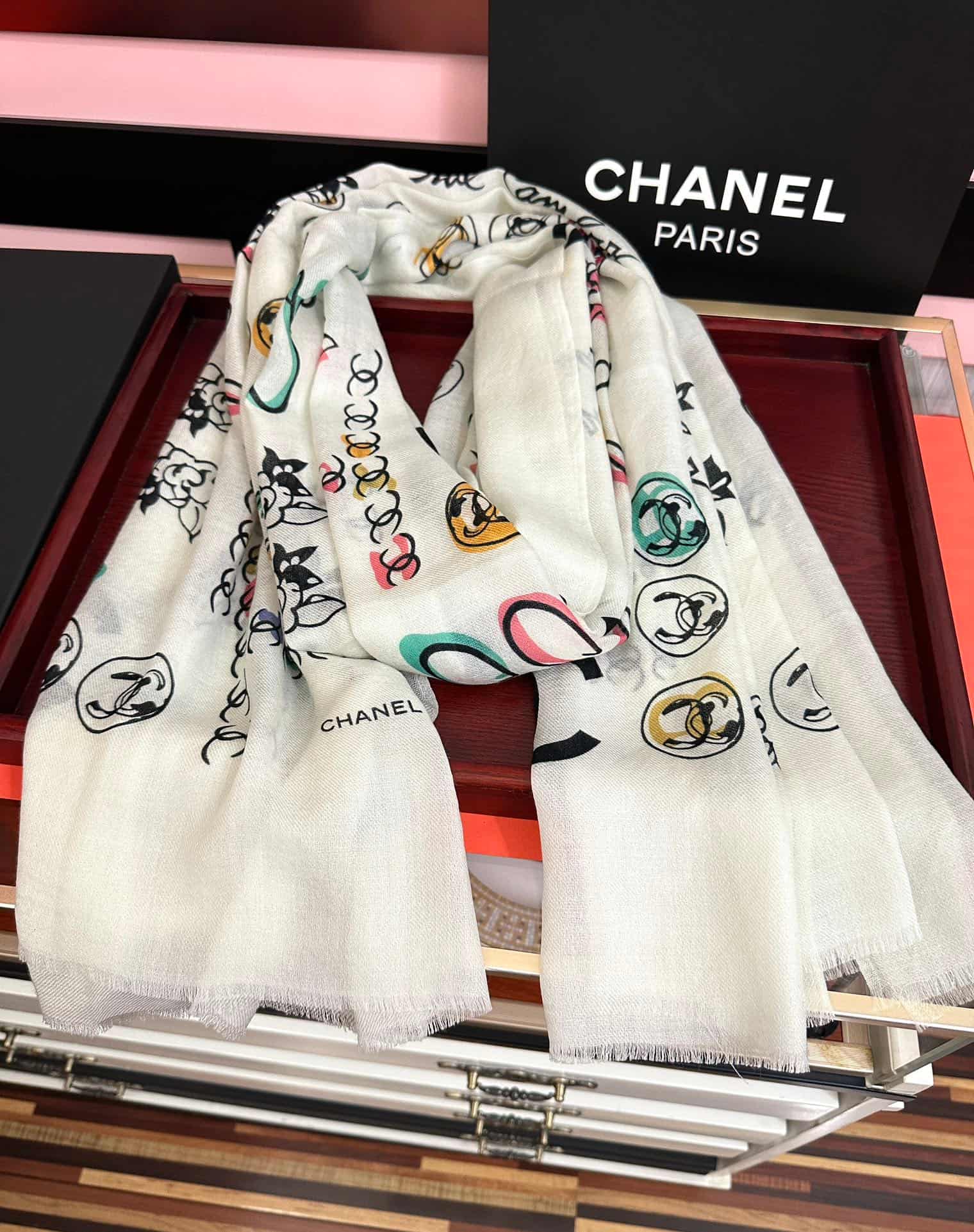 Chanel Silk scarf featuring  Camelia logo and Cambon print