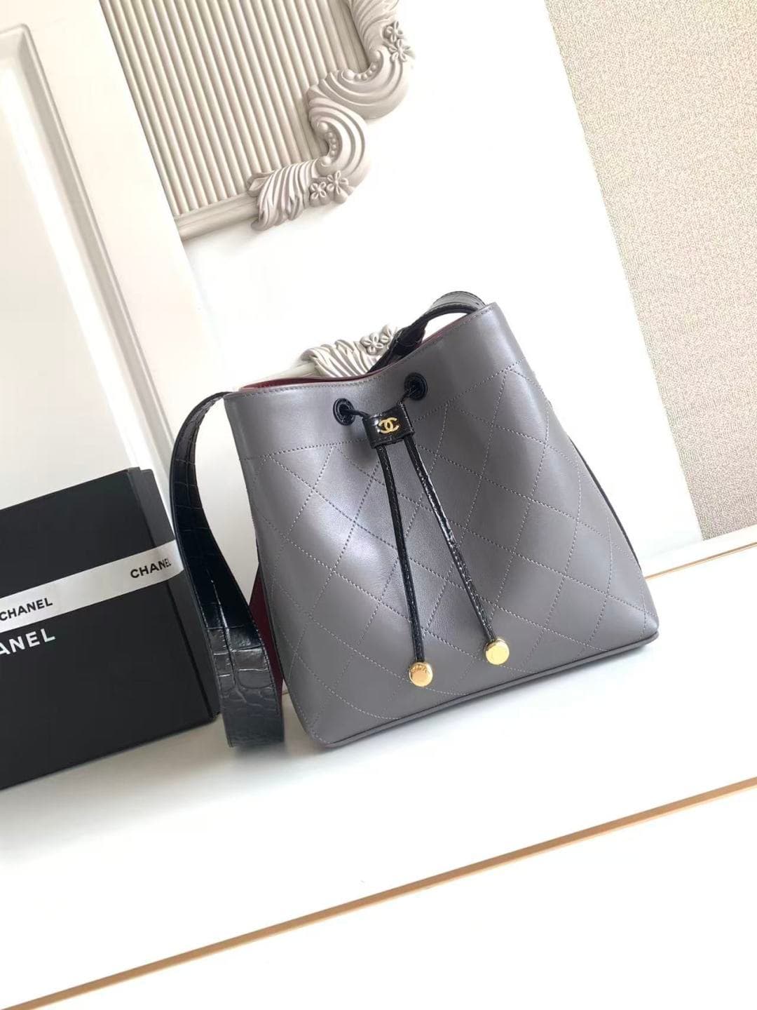 Chanel Bucket Bag Calfskin Leather & Gold-Tone Metal Grey AS6584 A