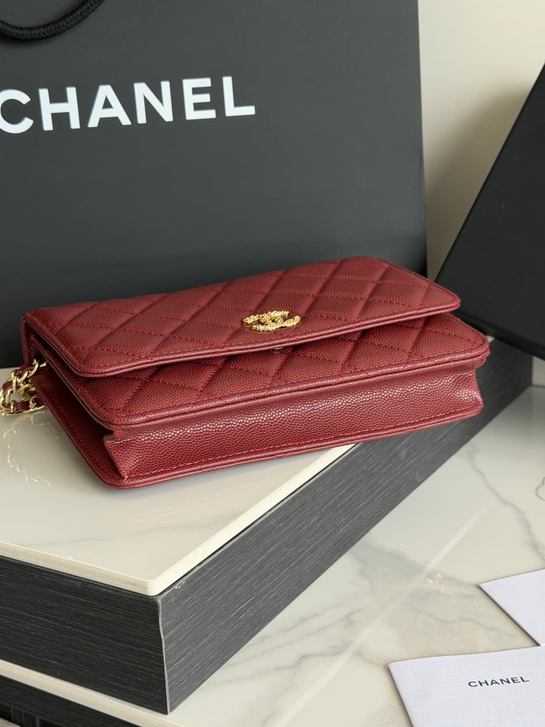 Chanel Wallet on Chain Shiny Grained Calfskin Strass & Gold-Tone Metal Red AP5073 High
