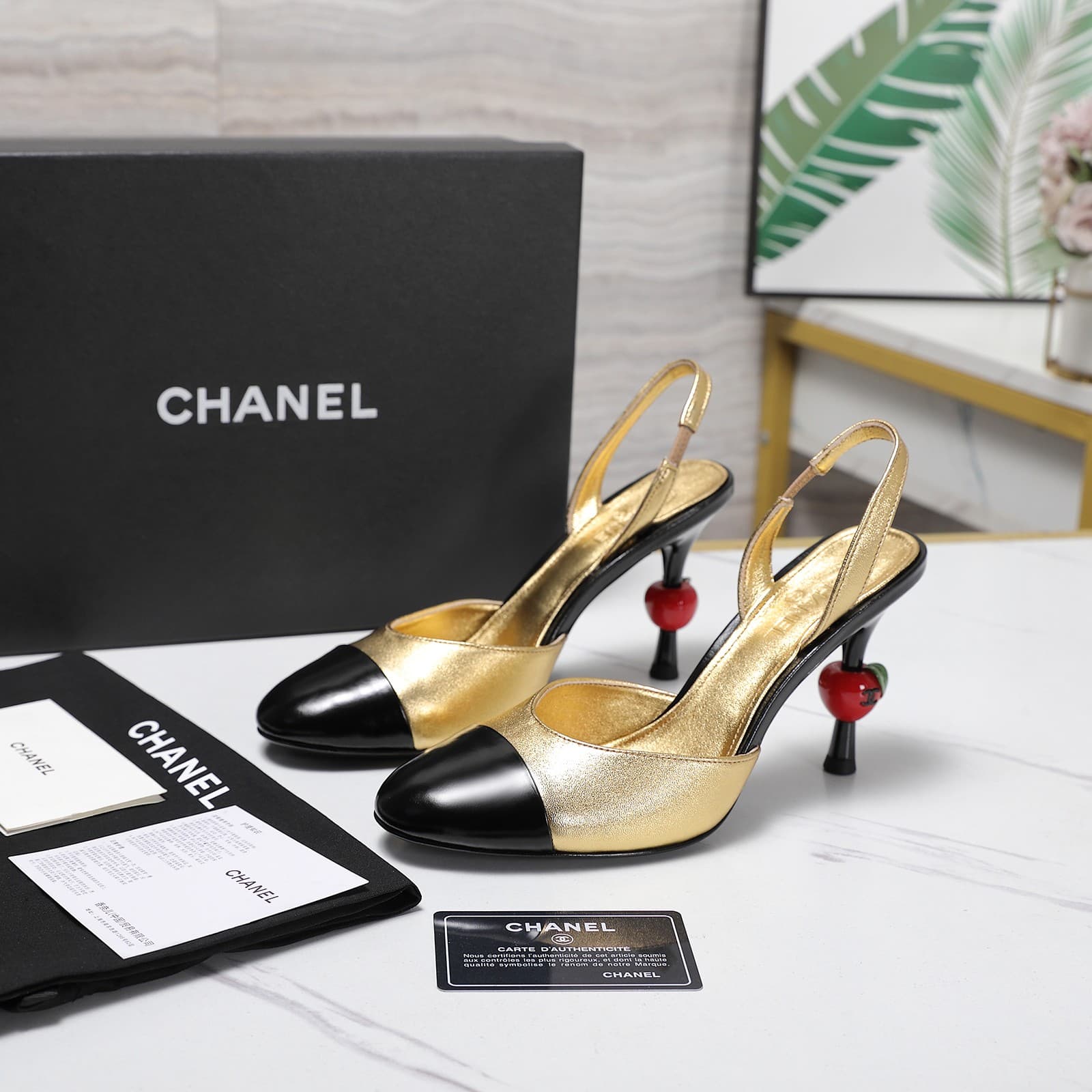 Chanel Lambskin Patent Cap Toe CC Slingback Pumps