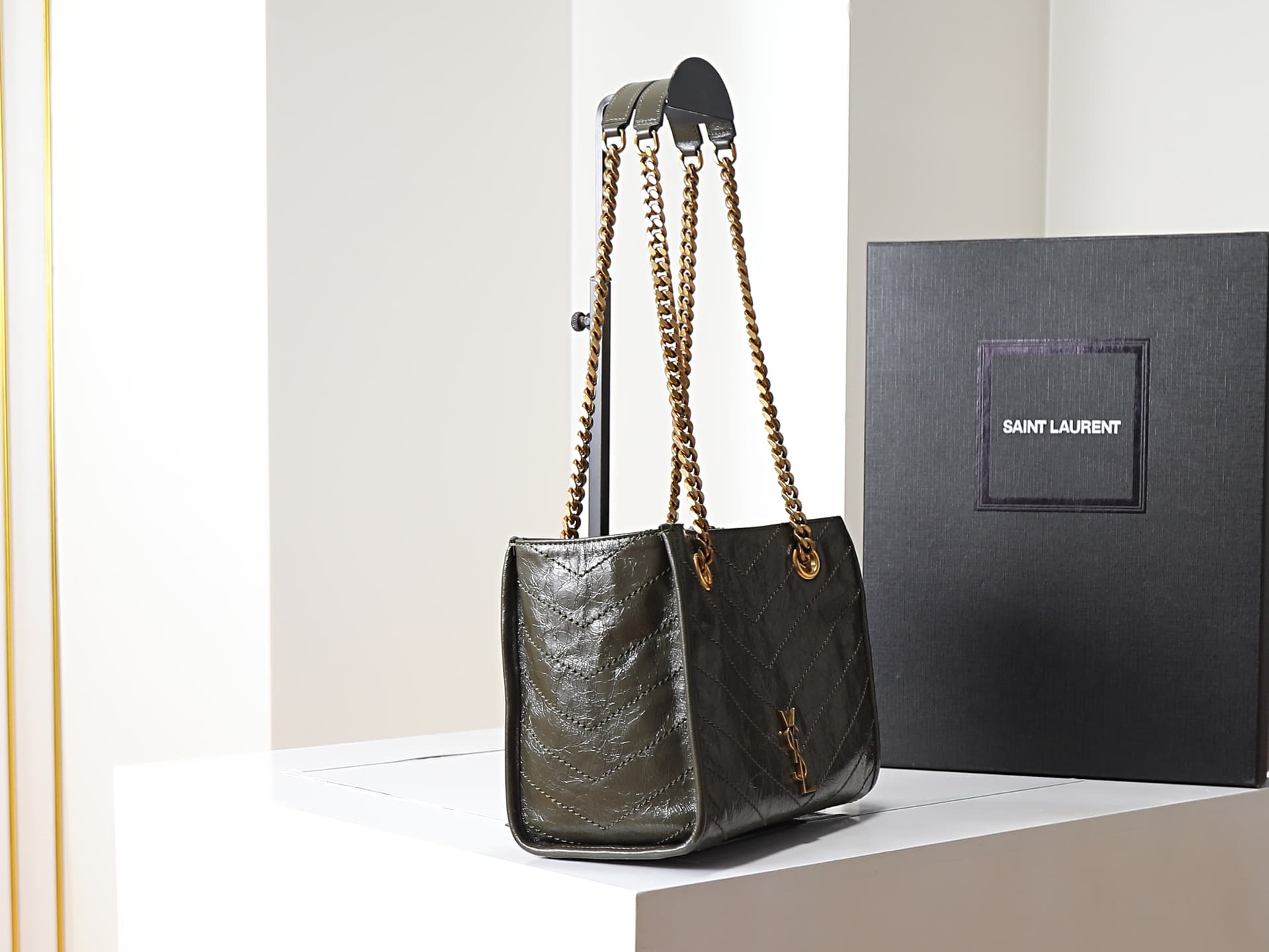Saint Laurent Niki Shopping Tote Bag Calf Leather In Khaki Green 872680 High