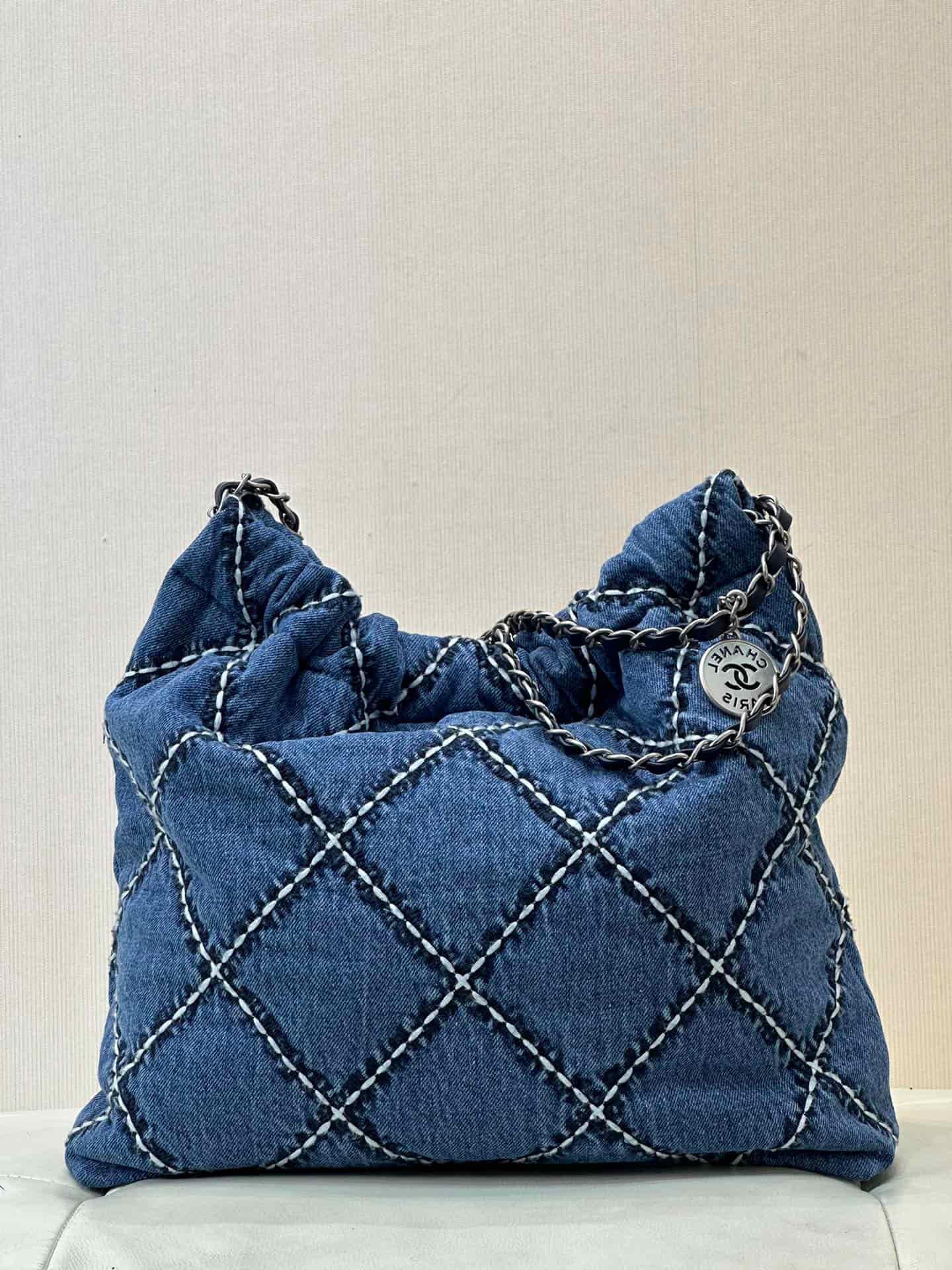 Chanel 22 Small handbag Washed denim studs & silver-tone metal AS3260 Blue TOP