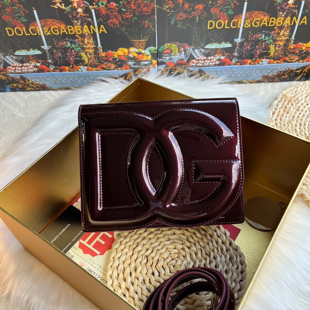 Dolce & Gabbana dark brown patent calf leather DG Logo crossbody bag high