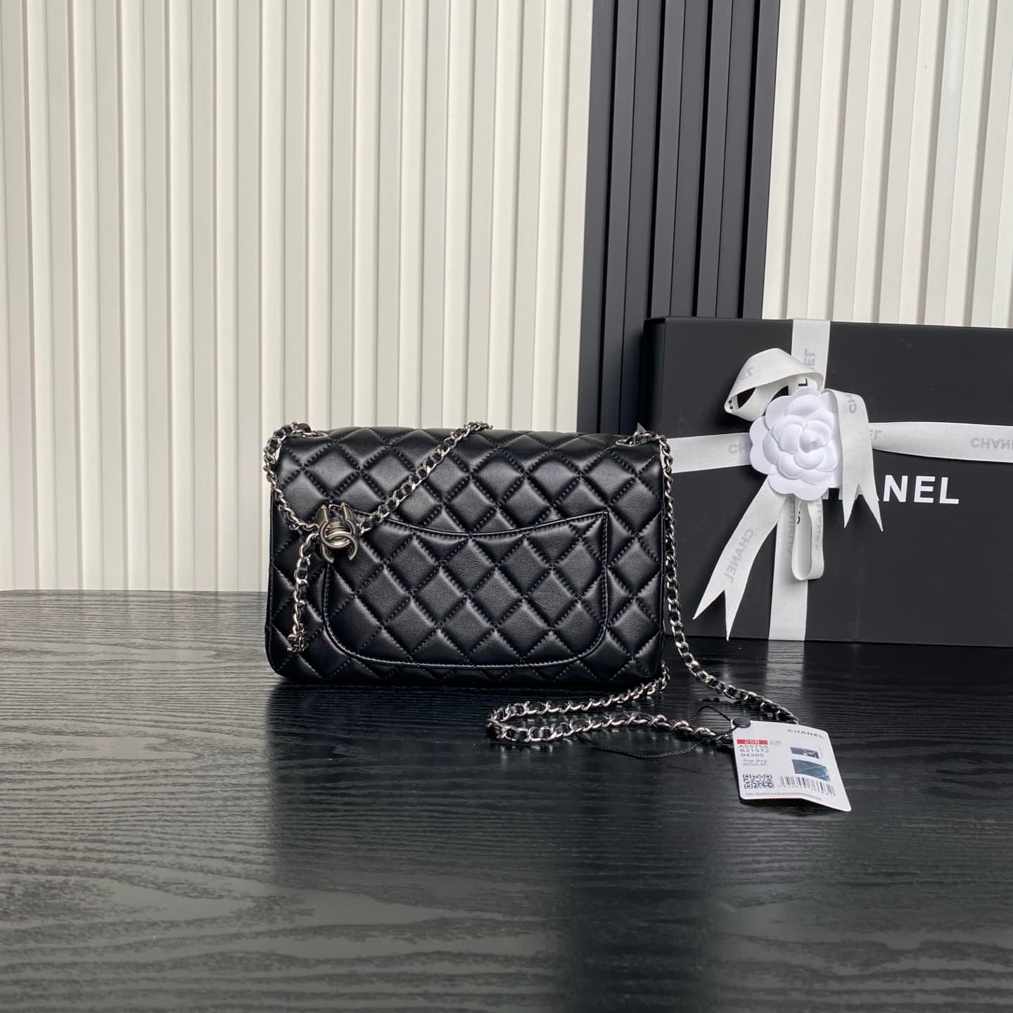Chanel Classic Flap Bag Lambskin & Silver-Tone Metal AS5756 Black High