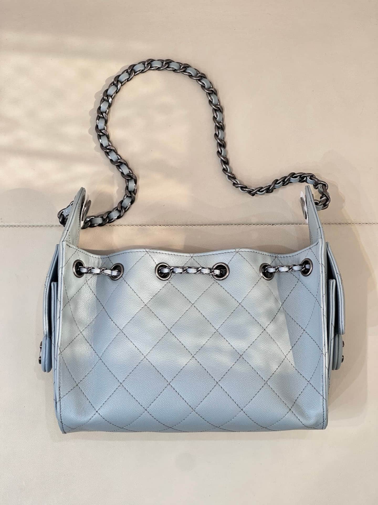 CHANEL 25 Mini Handbag AS5631 Grained Calfskin & Black & Silver-Tone Metal Light Blue TOP
