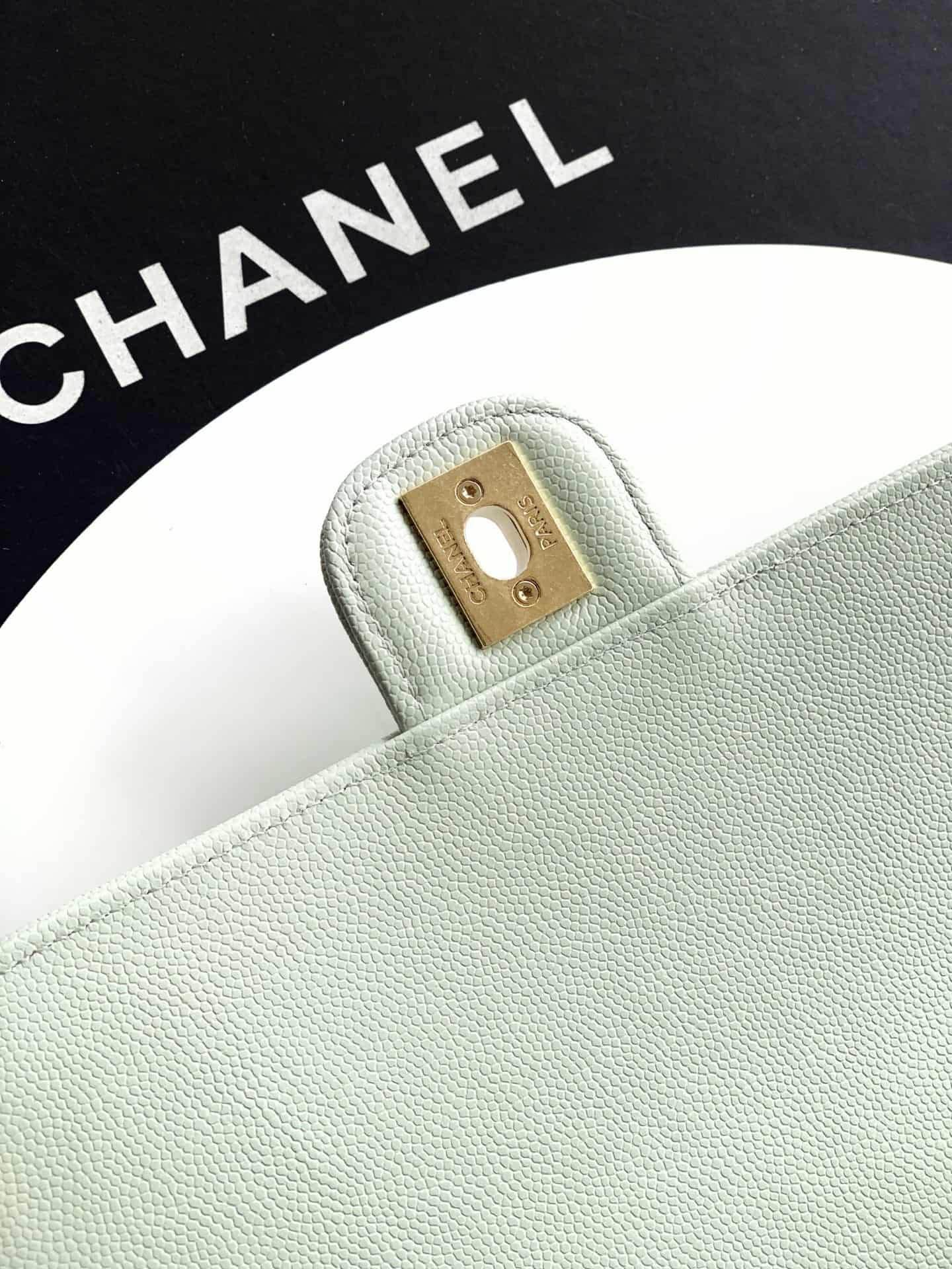 Chanel Clutch with Leather Strap Grained Shiny Calfskin & Gold-Tone Metal Light Green  5809 High