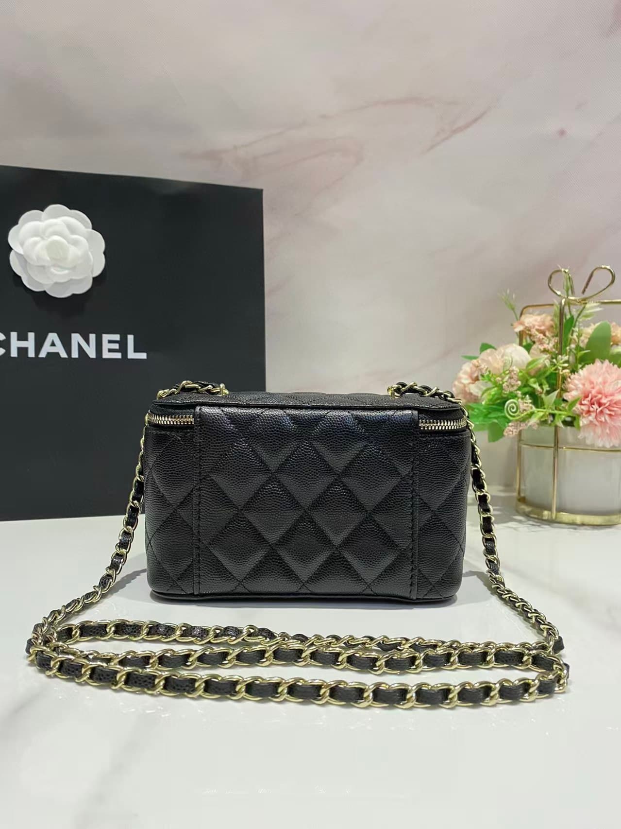 Chanel Vanity with Chain Grained Calfskin Gold Metal Black High