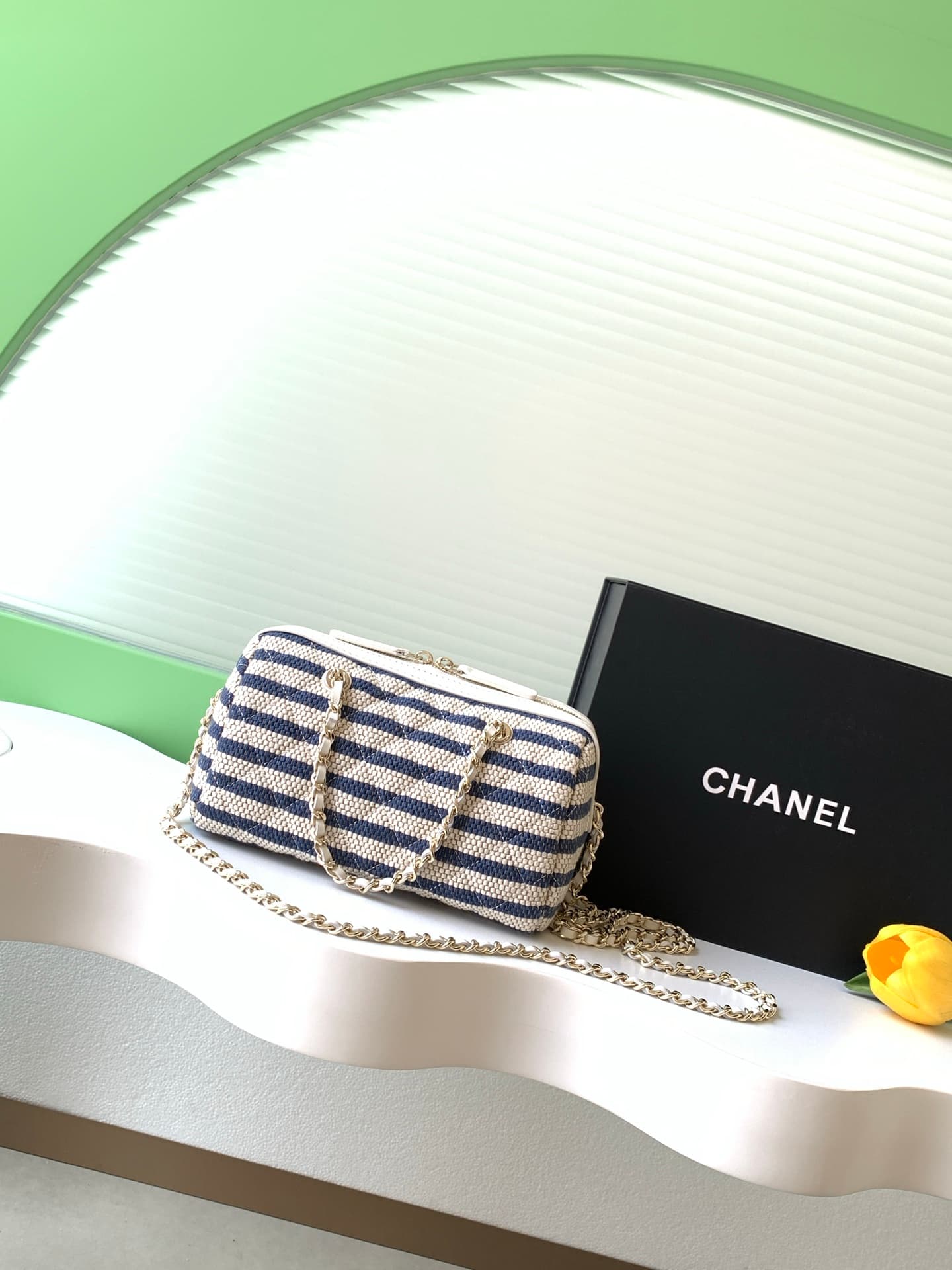 Chanel Clutch with Chain Printed Fabric & Gold-Tone Metal Beige & Light Blue AP4986 A