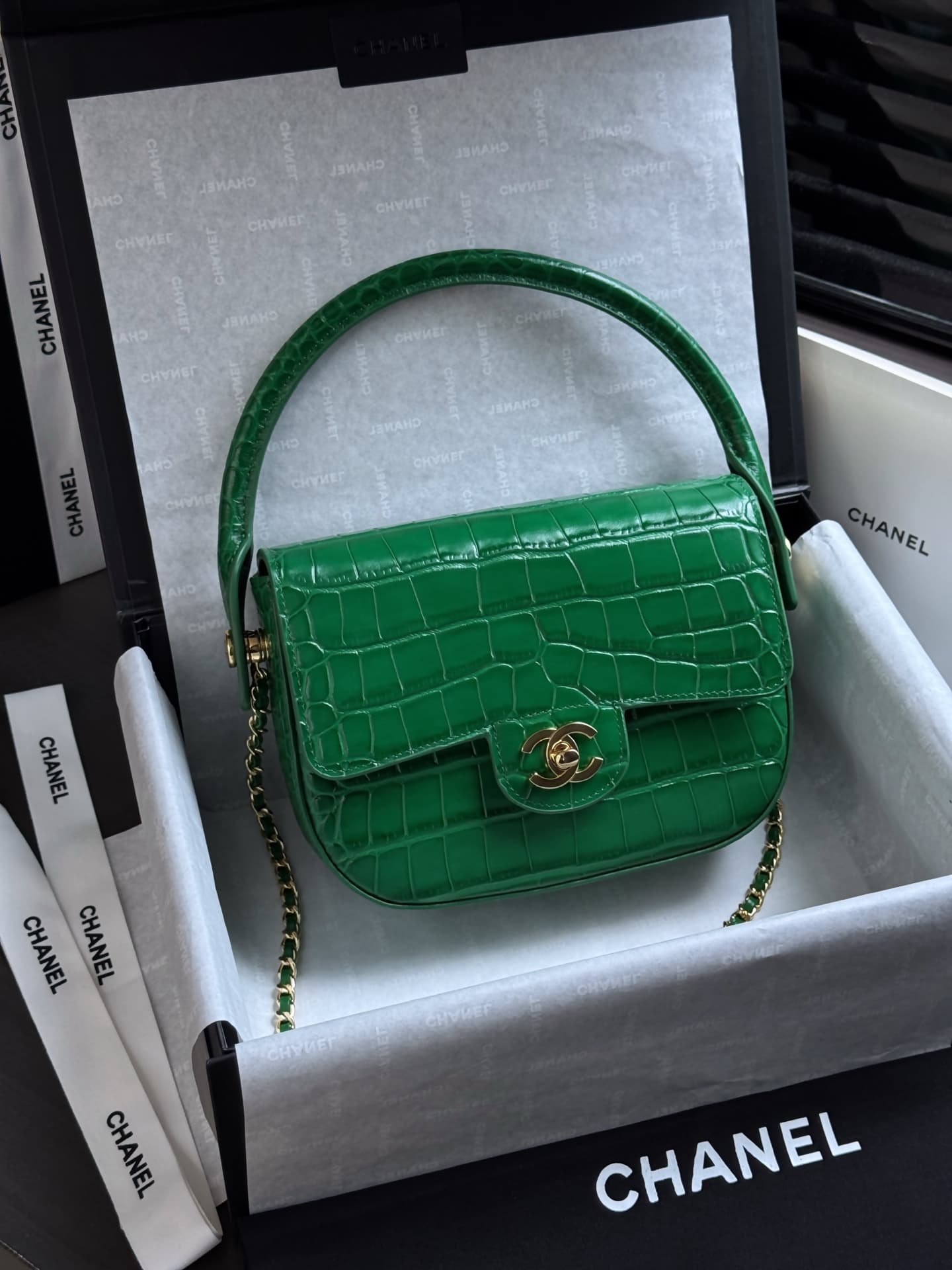 Chanel Mini Flap Bag with Top Handle Crocodile Embossed Calfskin & Gold-Tone Metal Green AS6424 A