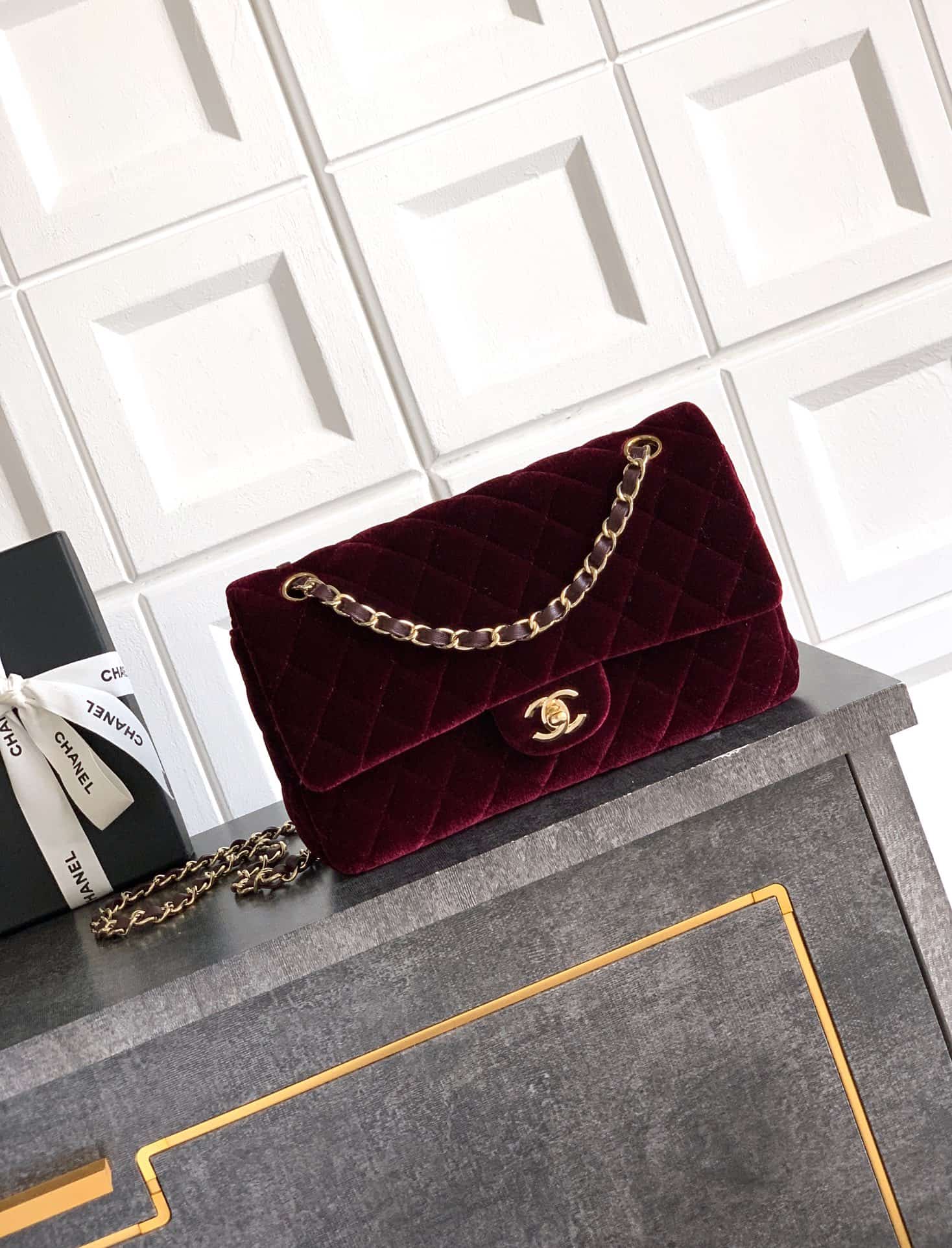 Chanel Medium CLASSIC HANDBAG Velvet  & Gold-Tone Metal Dark Brown A