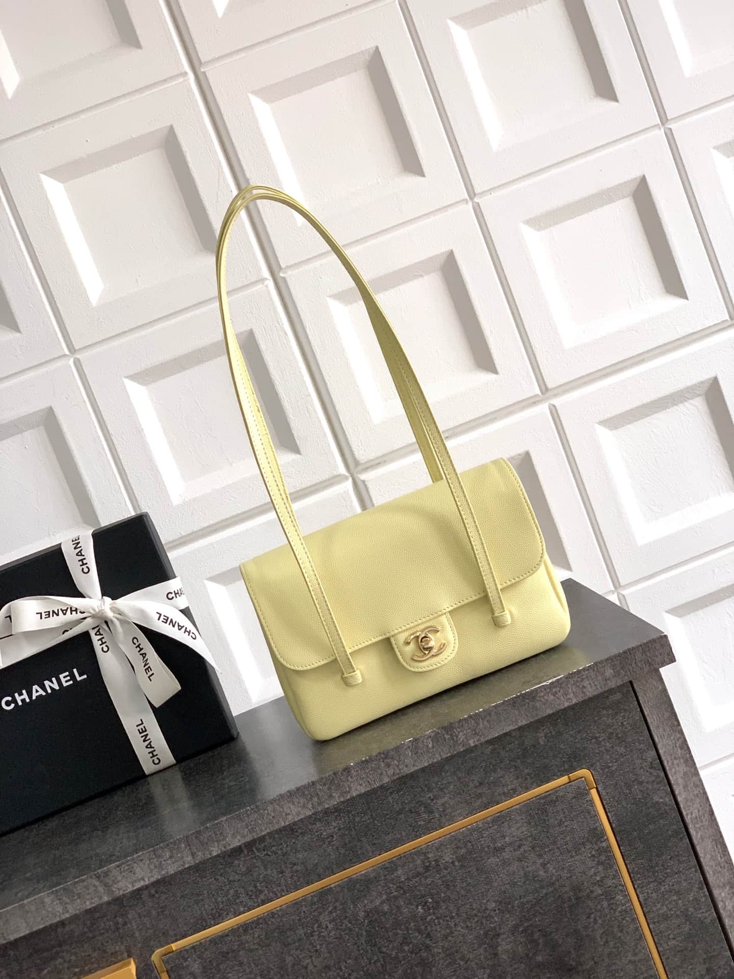 Chanel Clutch with Leather Strap Grained Shiny Calfskin & Gold-Tone Metal Yellow  5809 High