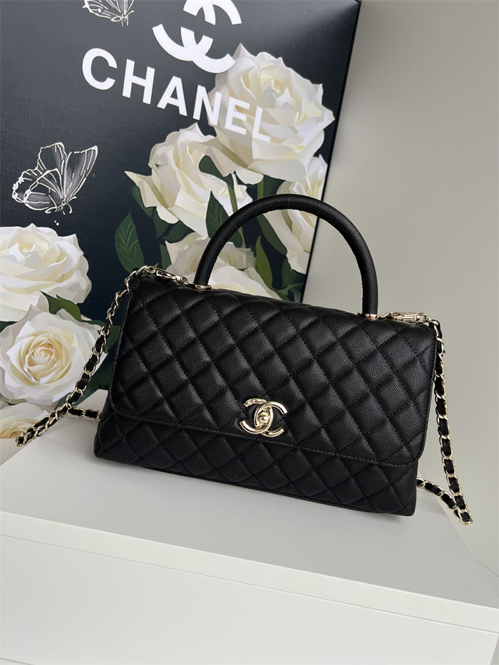 Medium FLAP BAG WITH TOP HANDLE Grained Calfskin Black-binding Gold Metal High