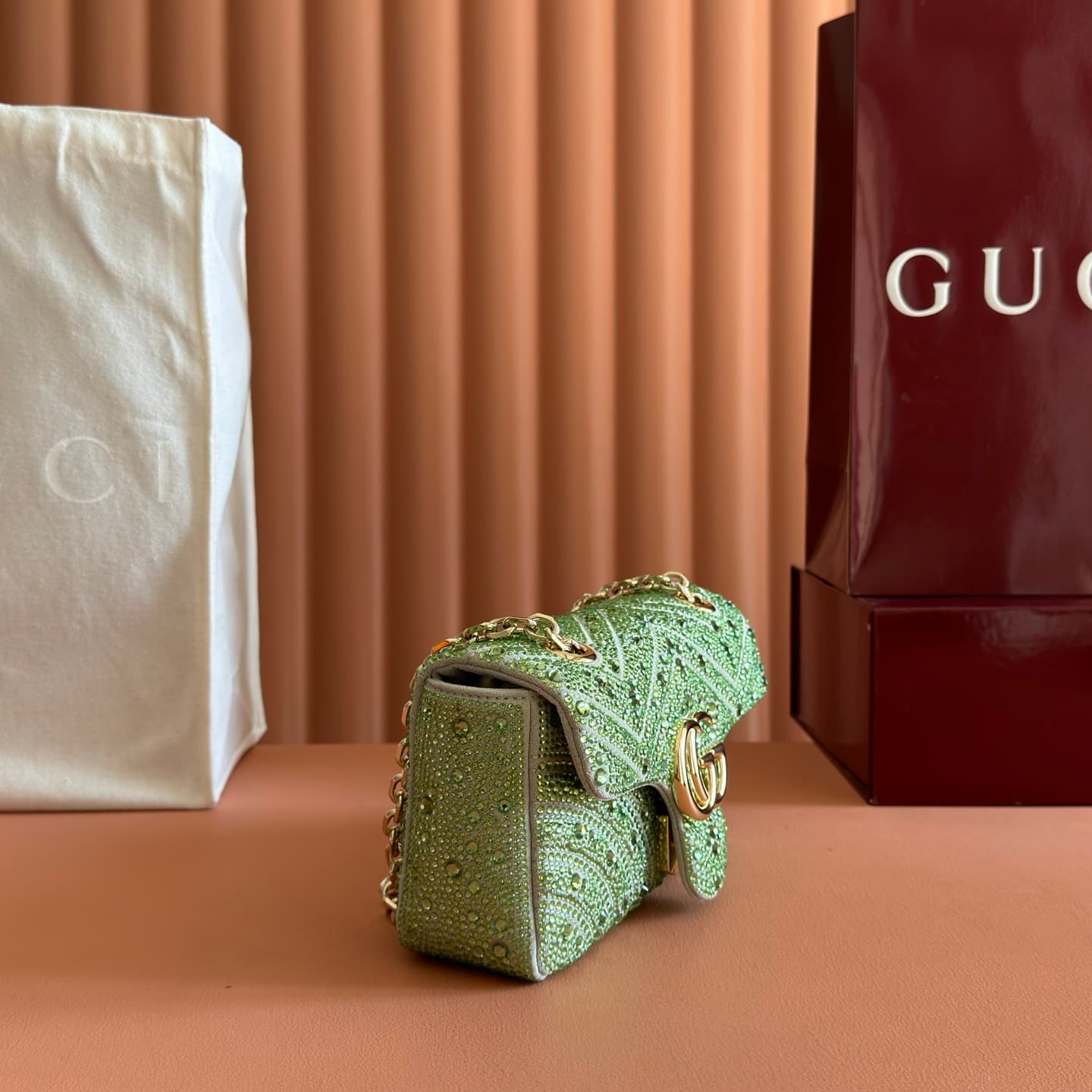 Gucci GG Marmont Shoulder Bag Green / Crystal 837280 High