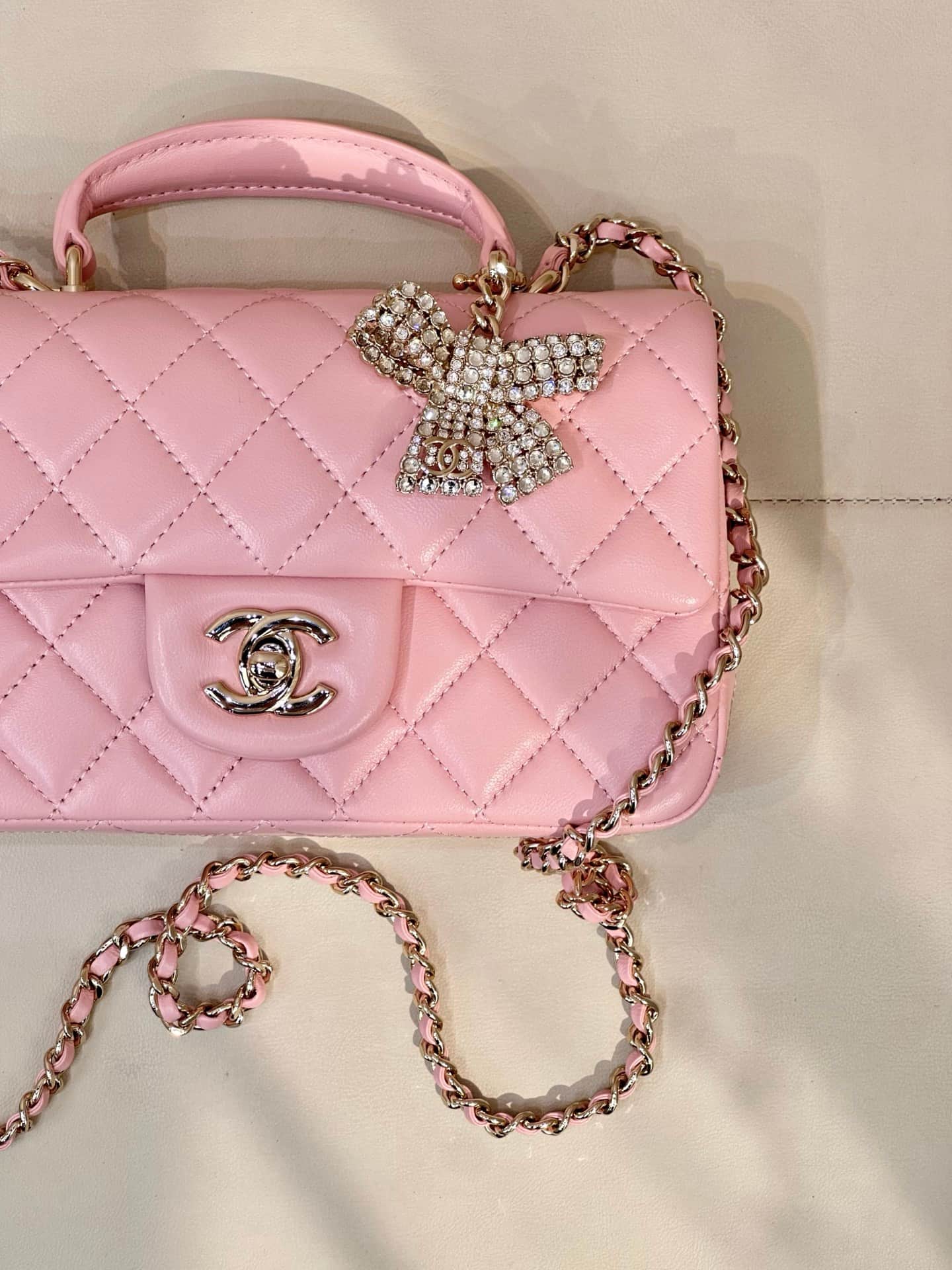 Chanel Mini Classic Handbag Lambskin Strass & Gold-Tone Metal AS2431 pink TOP