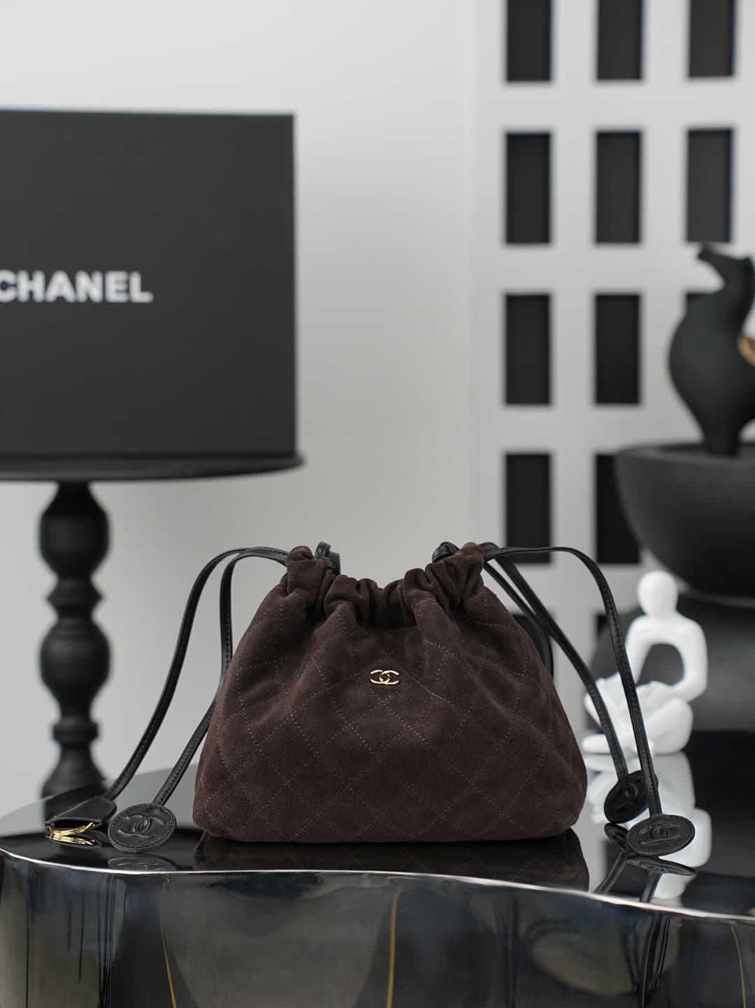 Chanel Clutch with Leather Strap Dark Brown quilted suede & Gold-tone Metal AP5228 A