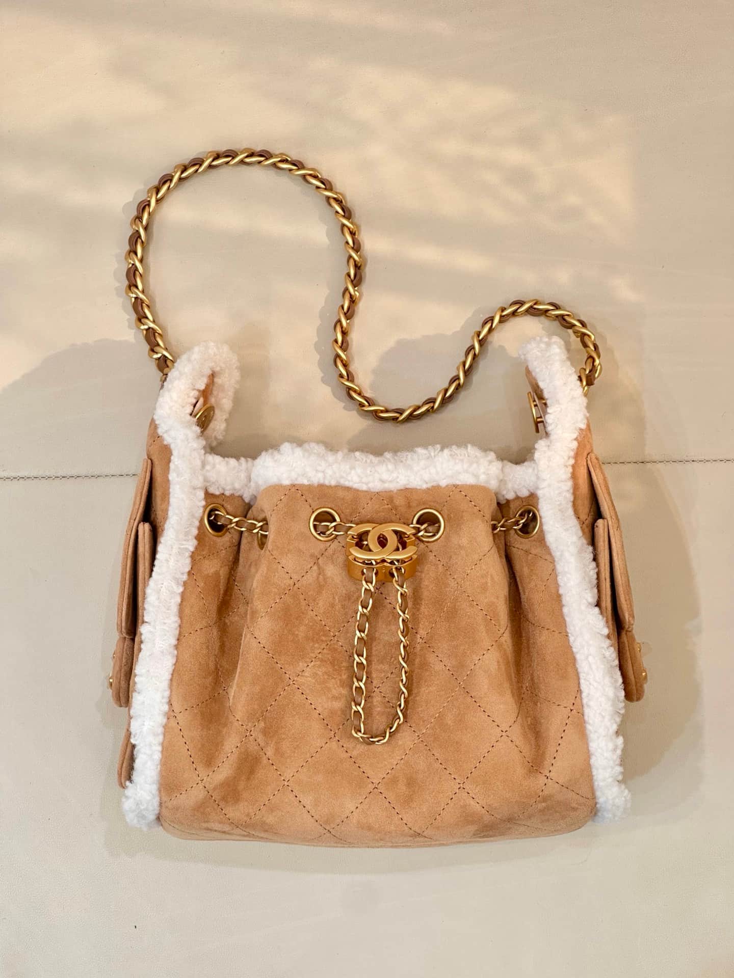 CHANEL 25 Mini Handbag AS5631 Suede &Shearling &Gold-tone Metal Beige TOP